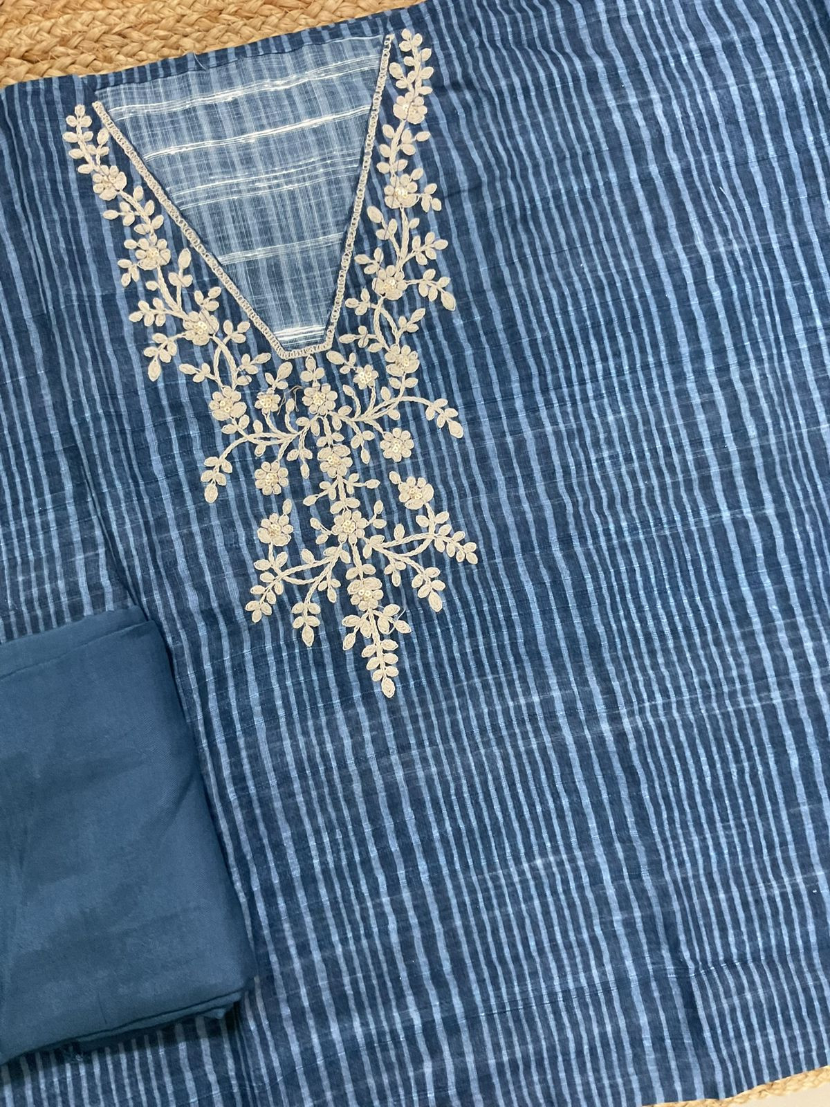 Soft Linen Jute Cotton Printed Embroidered Suit - Blue