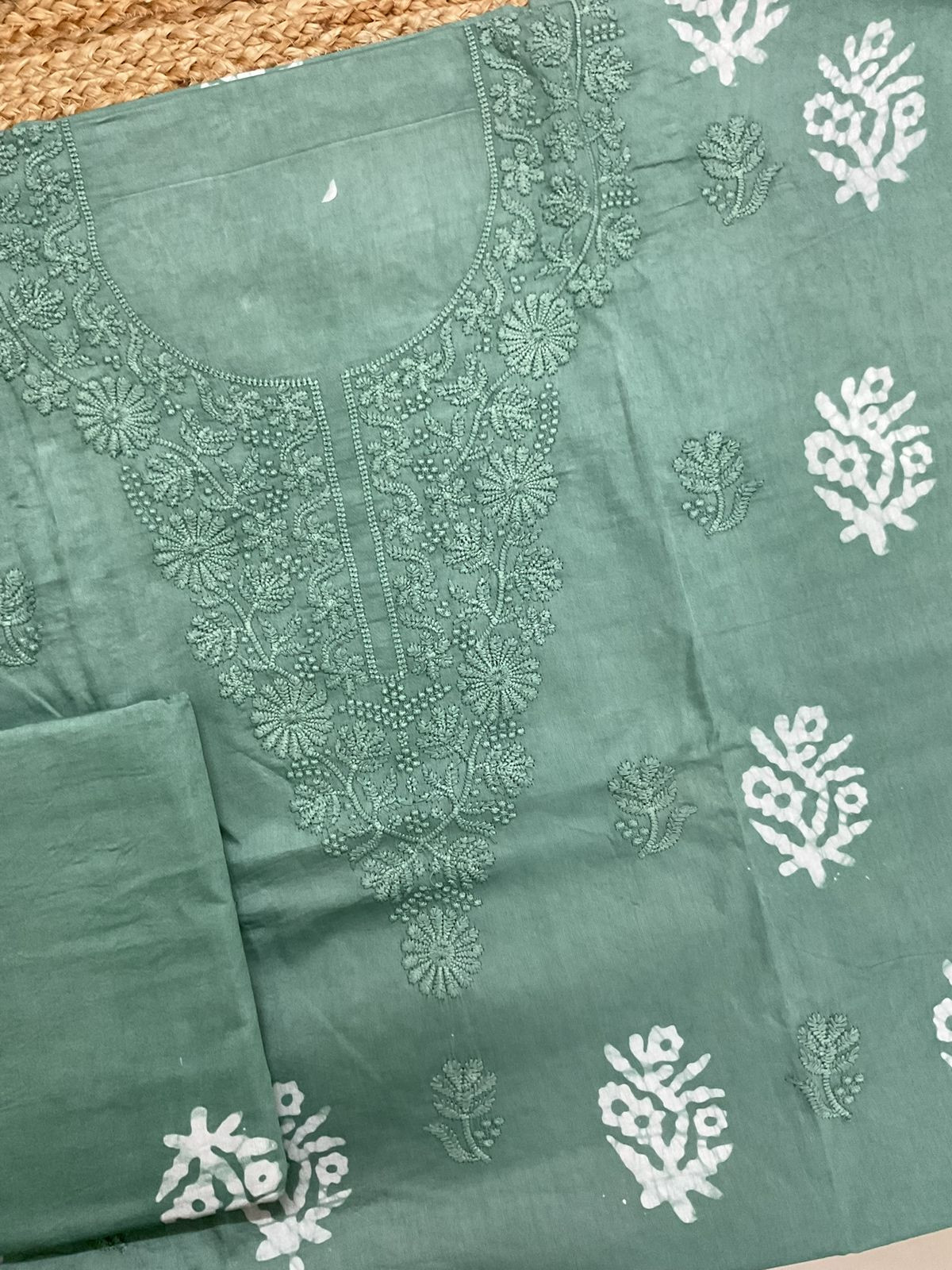 Pure Jaam Cotton Printed Embroidered Suit - Green