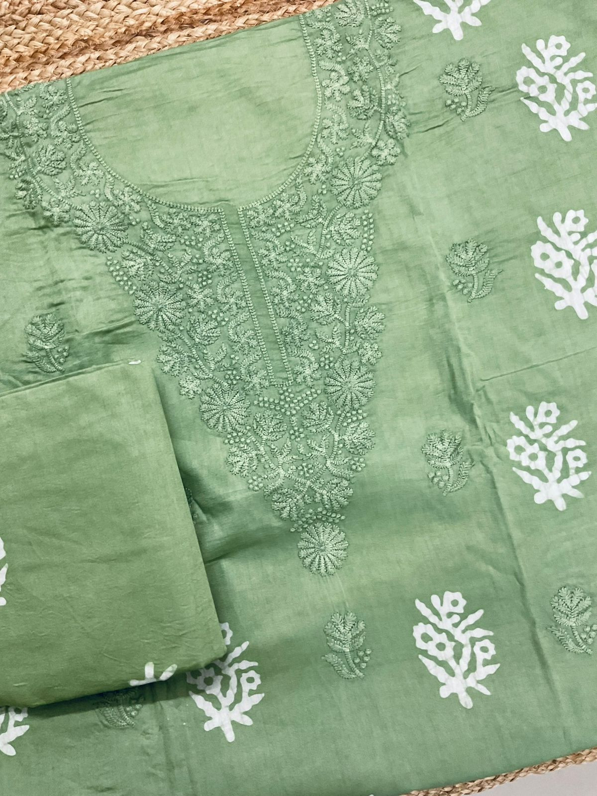 Pure Jaam Cotton Printed Embroidered Suit - Green