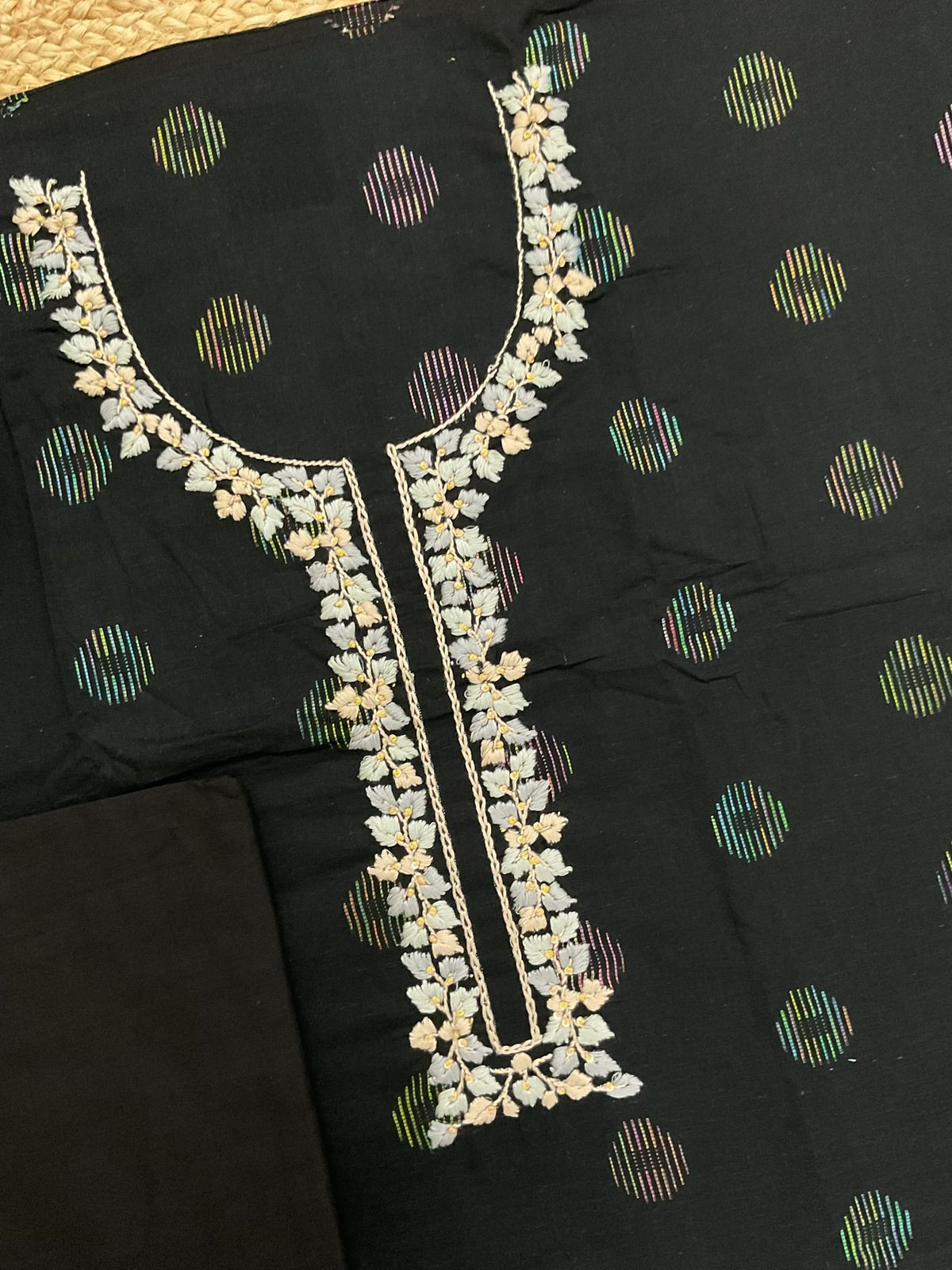 Pure Cotton Printed Embroidered Self Weaved Suit - Black