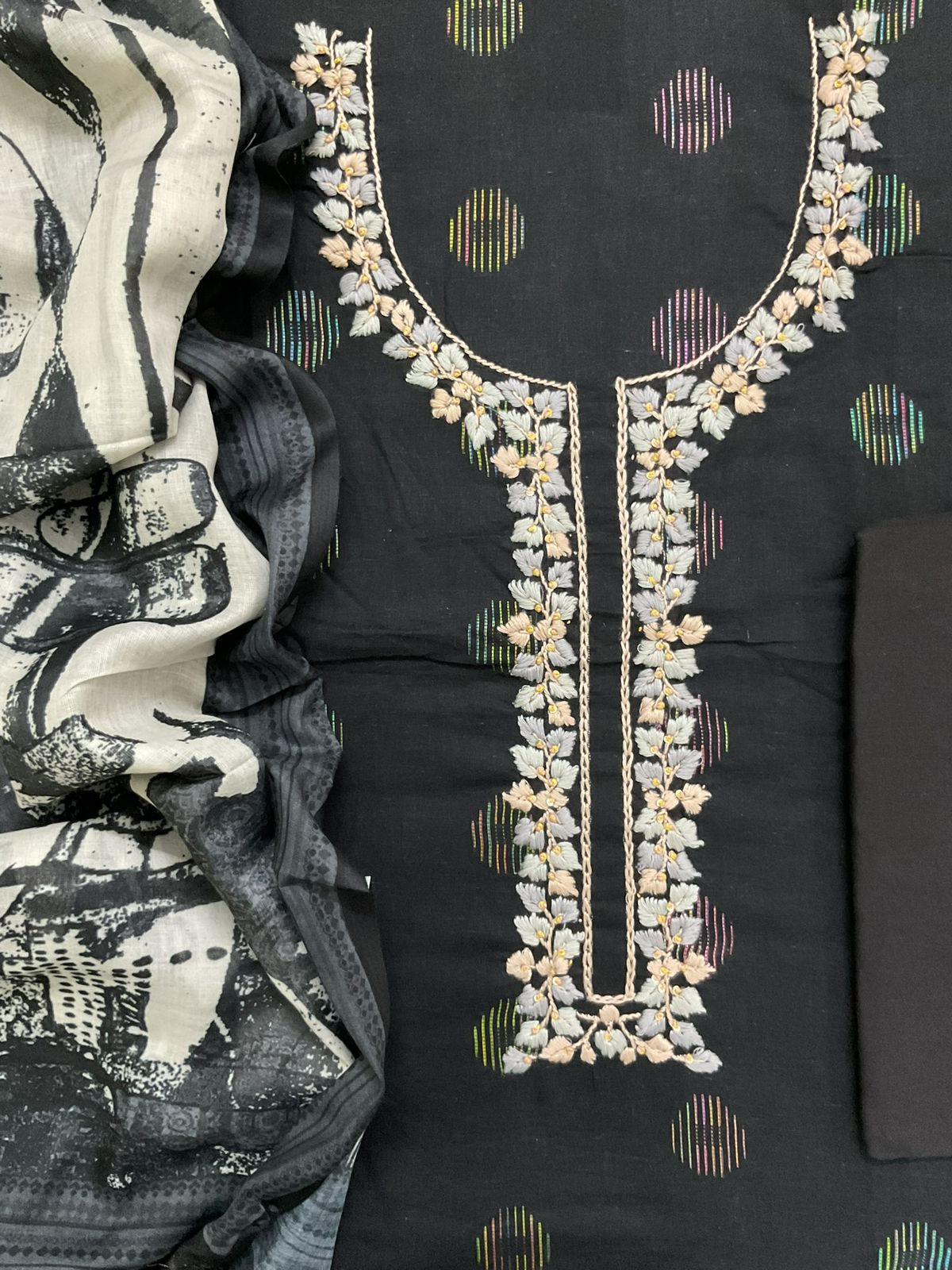 Pure Cotton Printed Embroidered Self Weaved Suit - Black