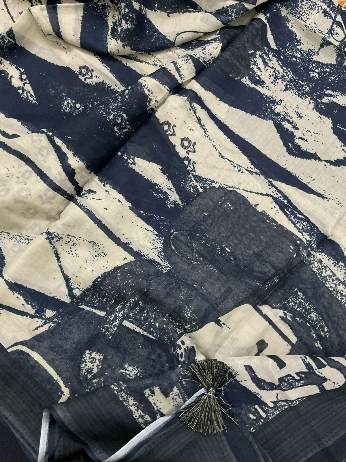 Pure Cotton Printed Embroidered Self Weaved Suit - Blue