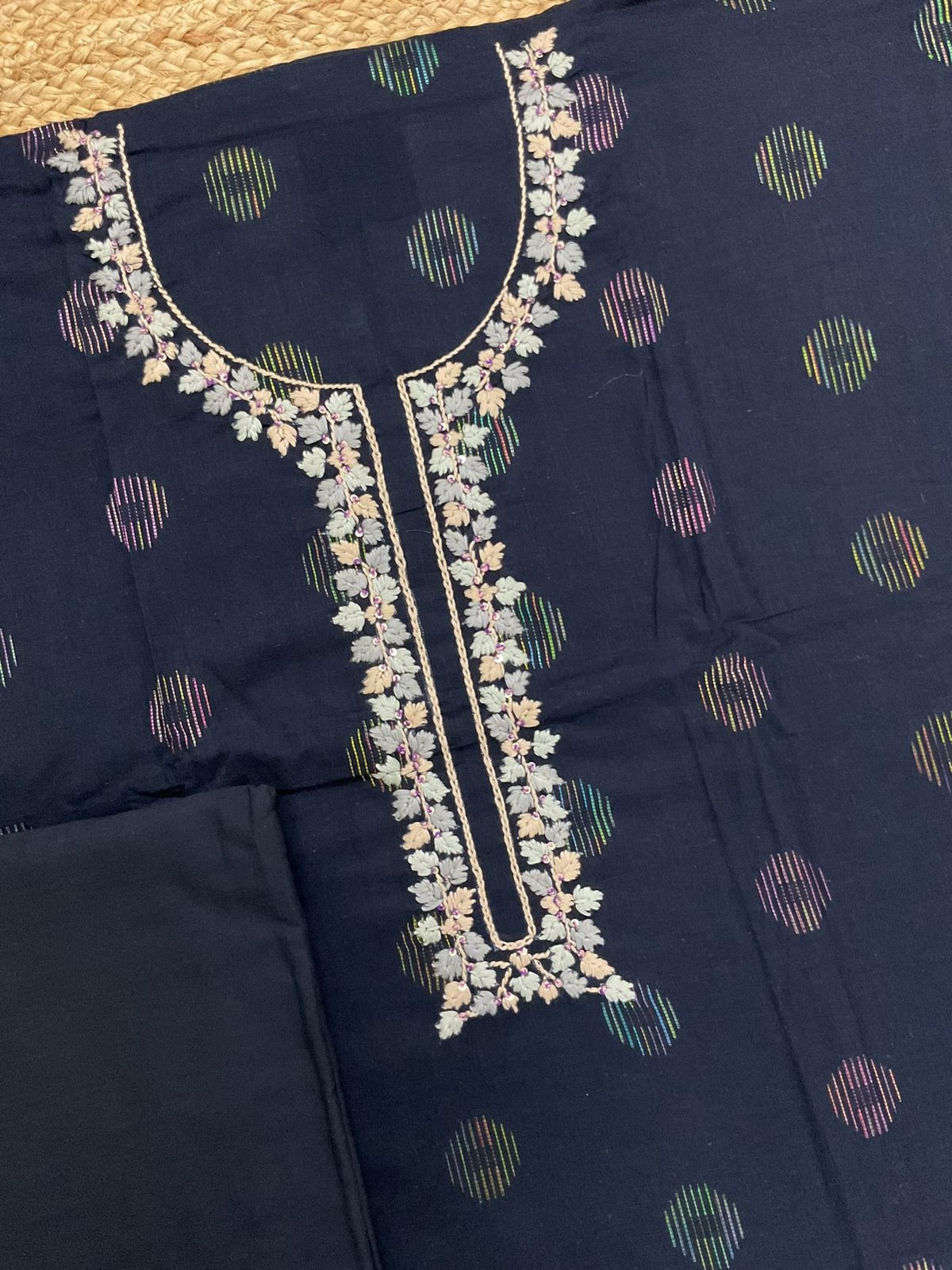 Pure Cotton Printed Embroidered Self Weaved Suit - Blue