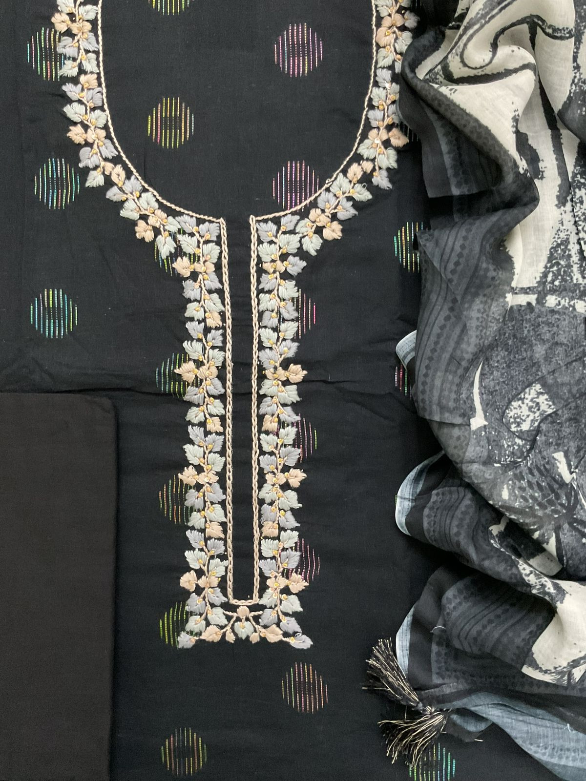 Pure Cotton Printed Embroidered Self Weaved Suit - Black