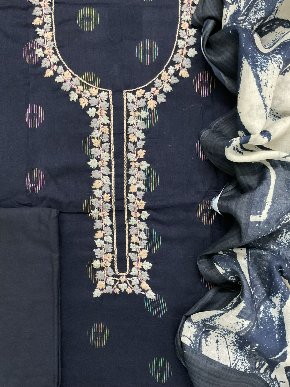 Pure Cotton Printed Embroidered Self Weaved Suit - Blue