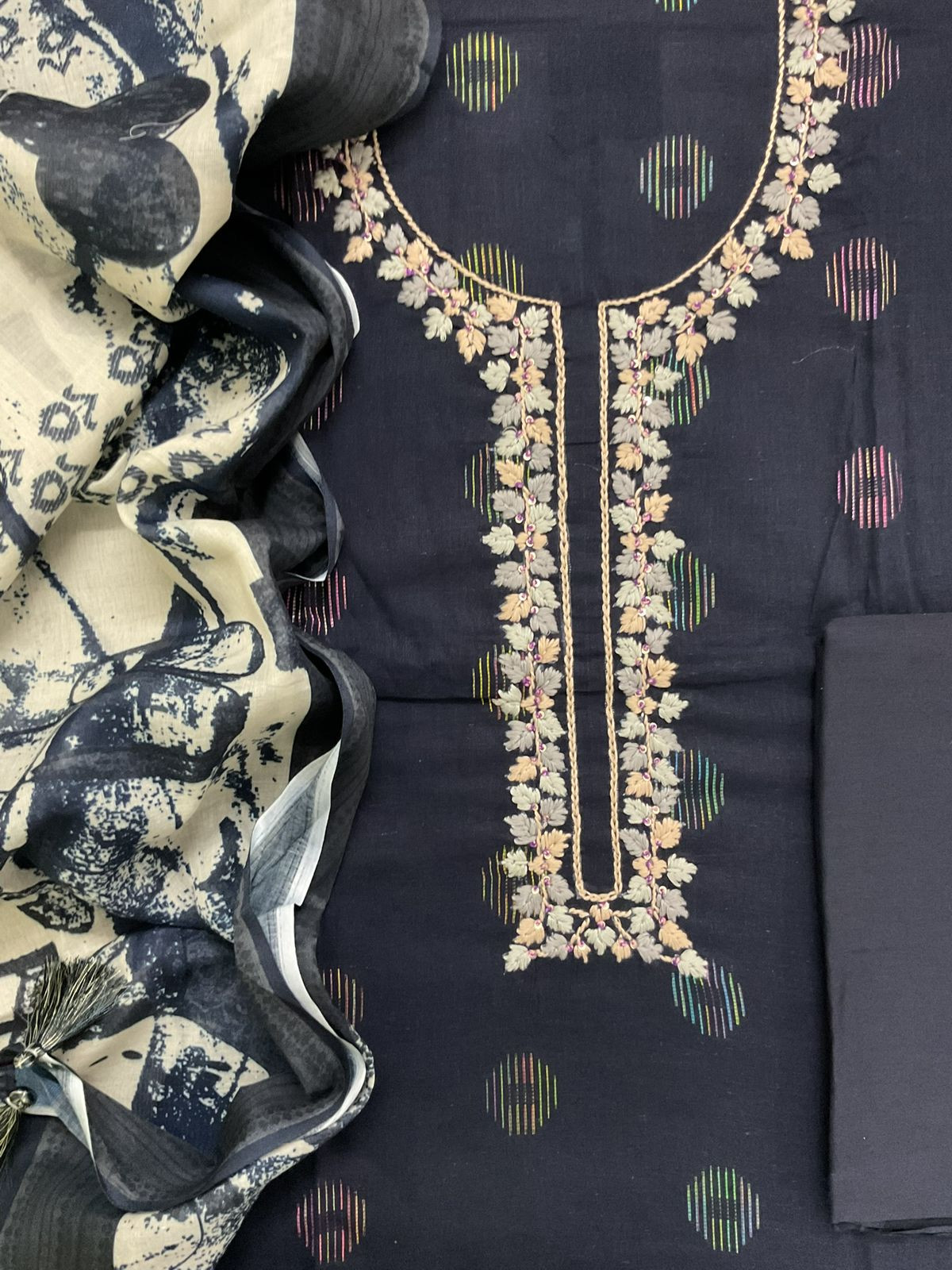 Pure Cotton Printed Embroidered Self Weaved Suit - Blue