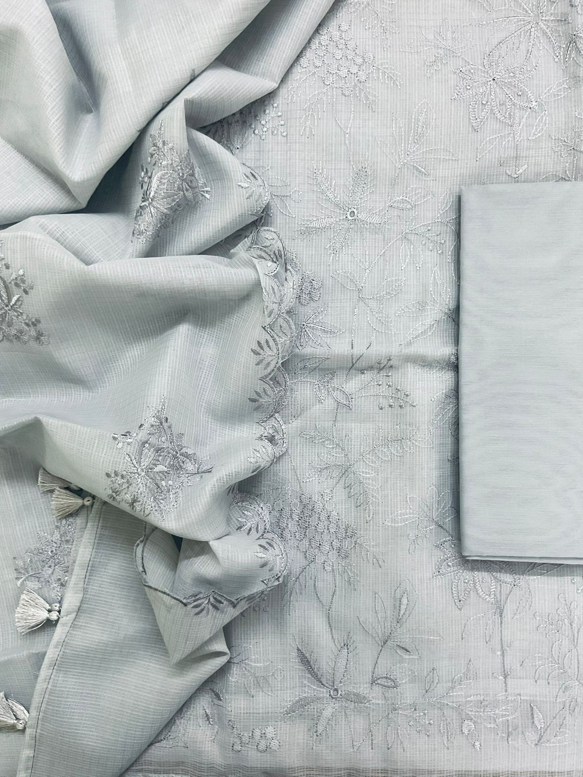 Soft Kota Silk Embroidered Suit - Grey