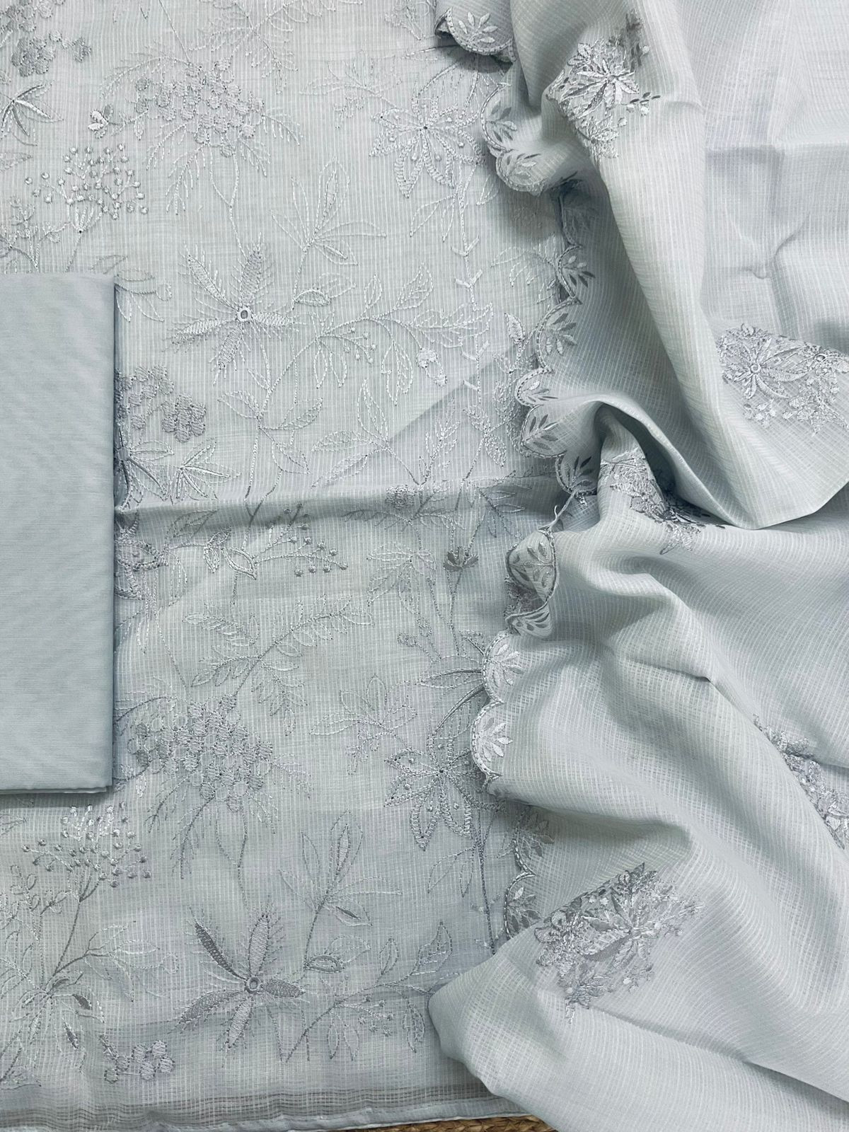 Soft Kota Silk Embroidered Suit - Grey