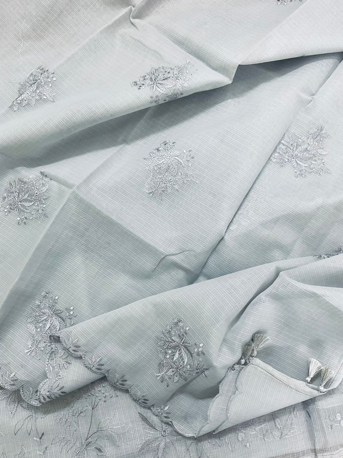 Soft Kota Silk Embroidered Suit - Grey