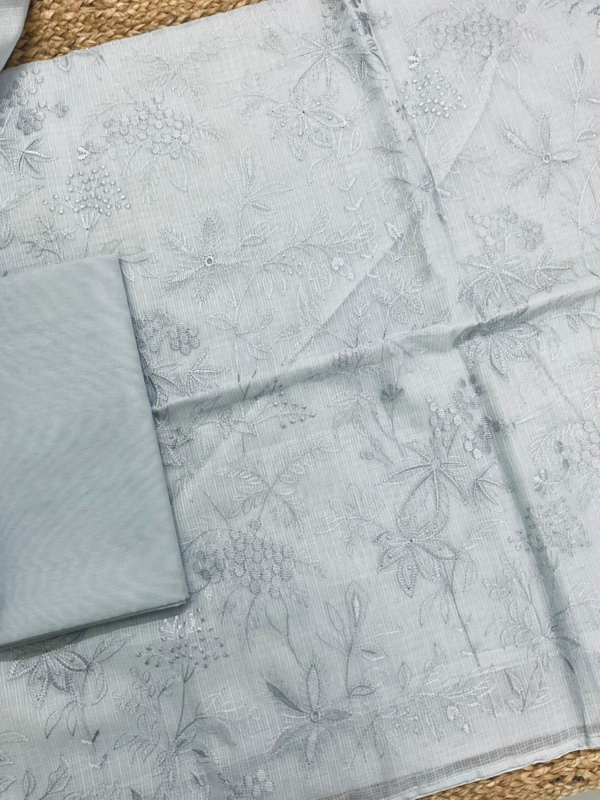 Soft Kota Silk Embroidered Suit - Grey