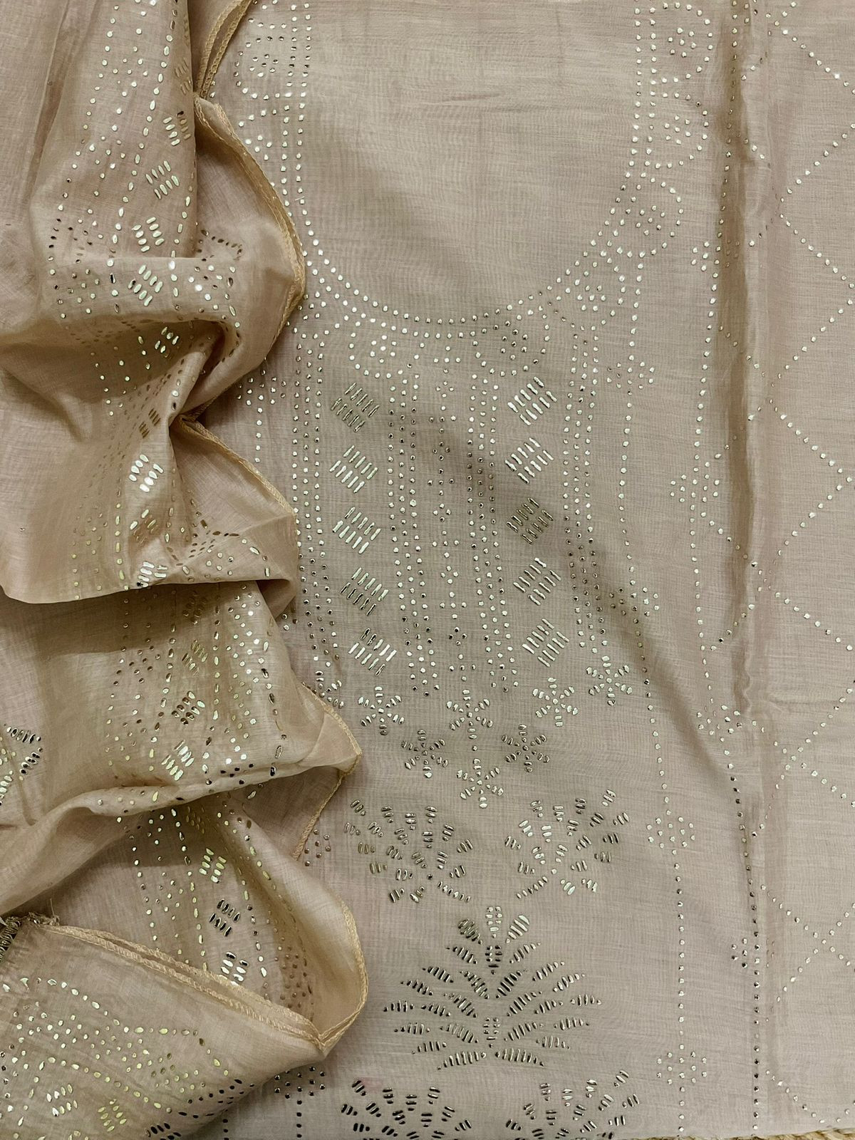 Soft Chanderi Embroidered Suit - Beige