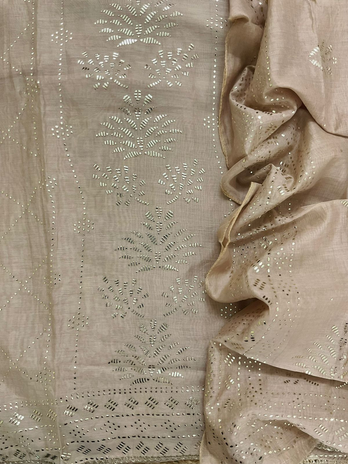 Soft Chanderi Embroidered Suit - Beige