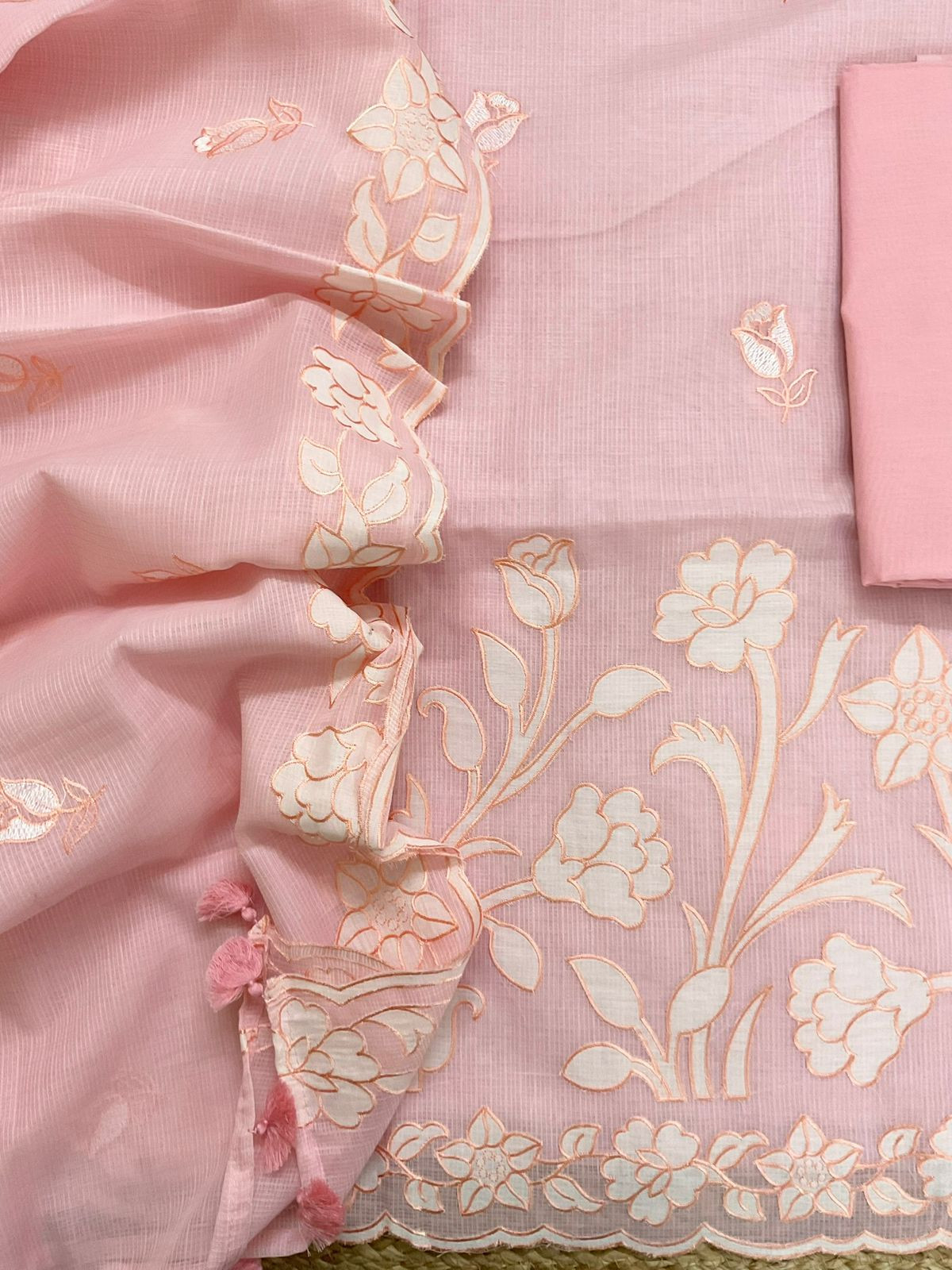 Soft Kota Silk Embroidered Suit - Peach