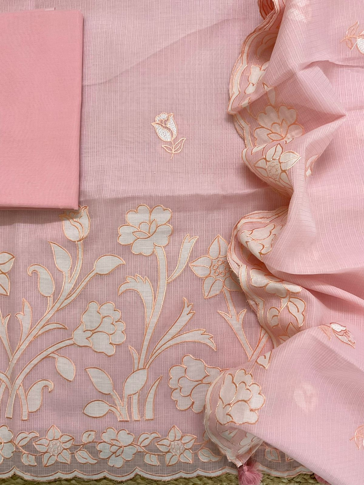 Soft Kota Silk Embroidered Suit - Peach