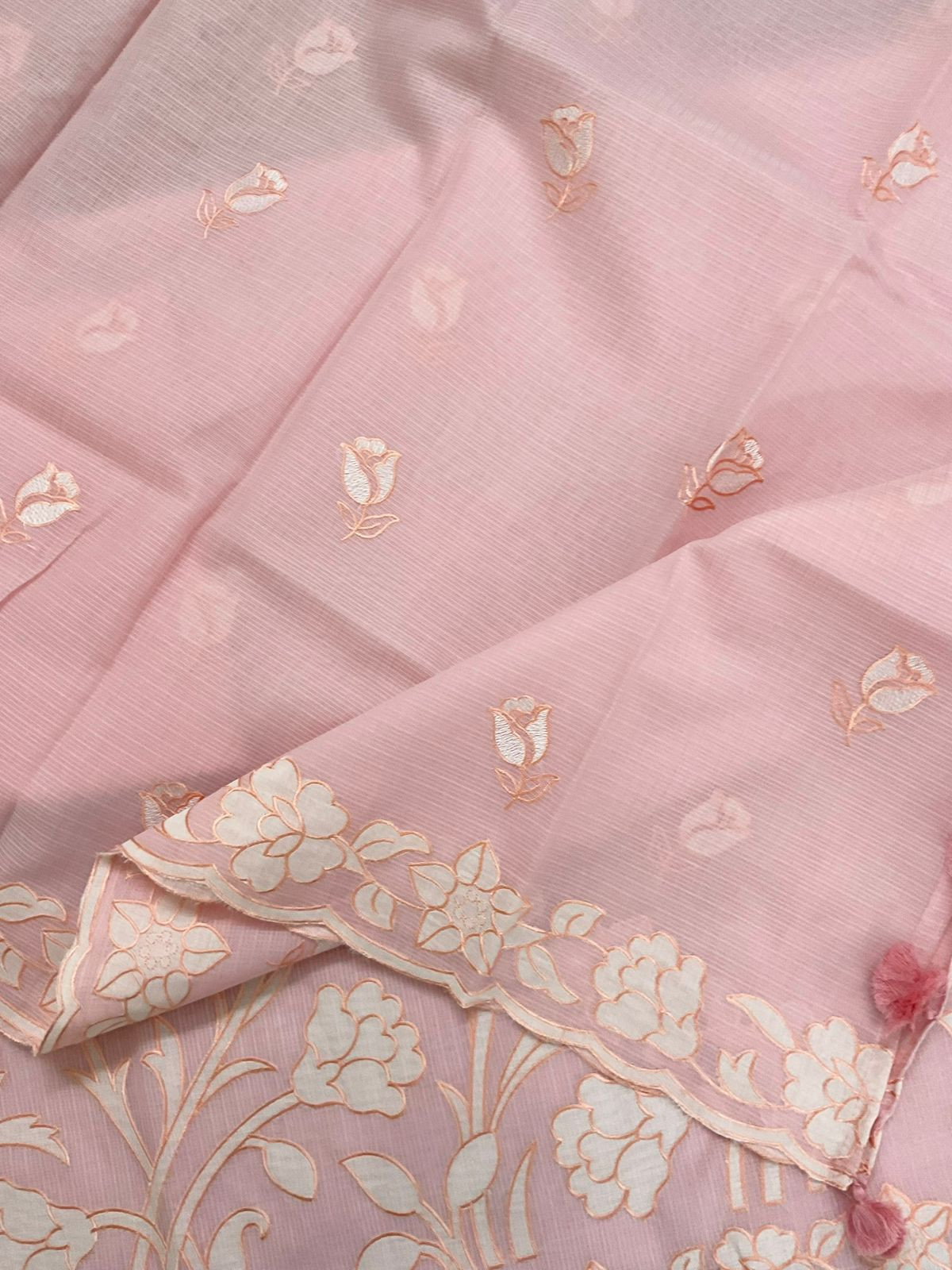 Soft Kota Silk Embroidered Suit - Peach