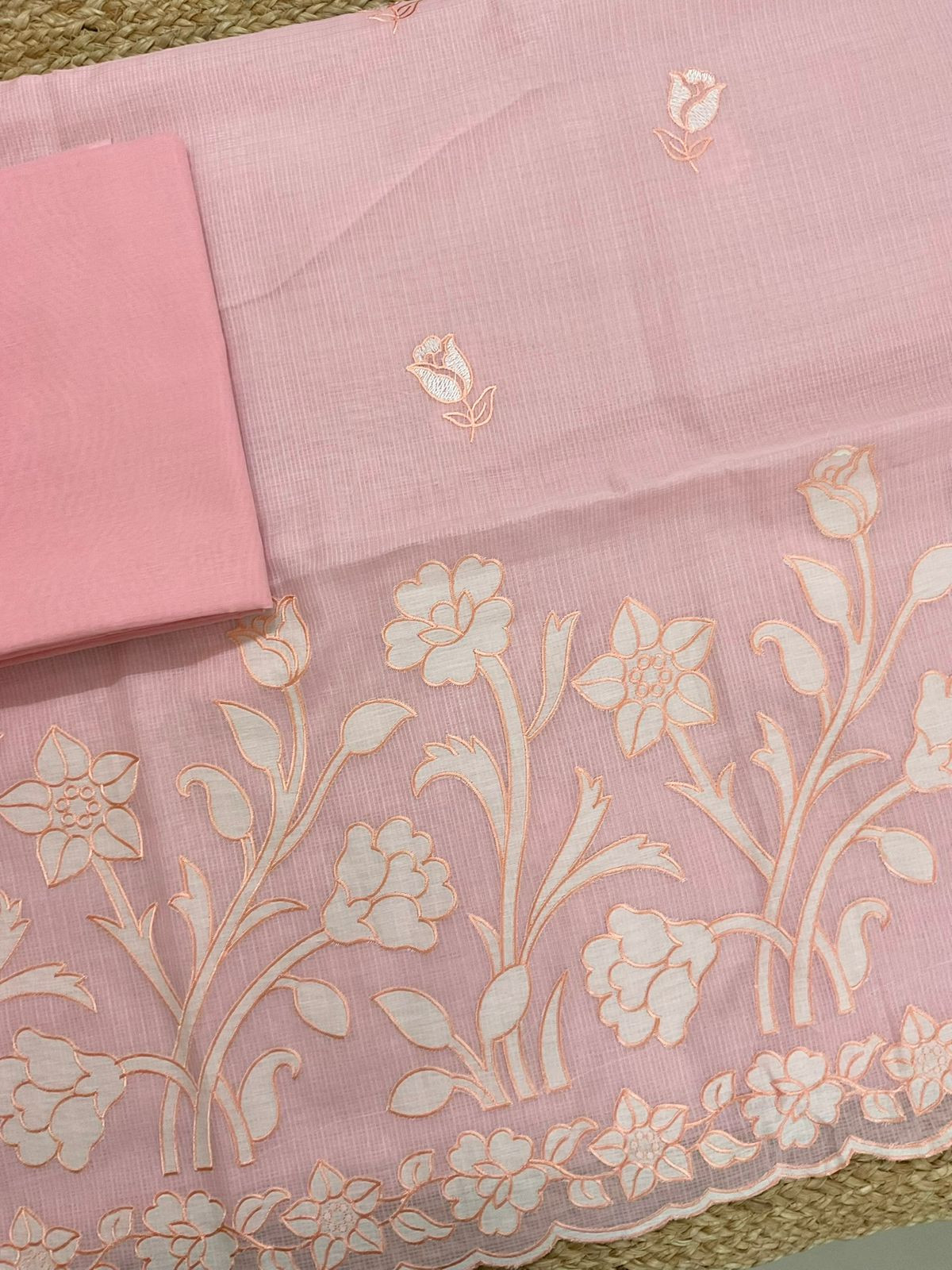 Soft Kota Silk Embroidered Suit - Peach