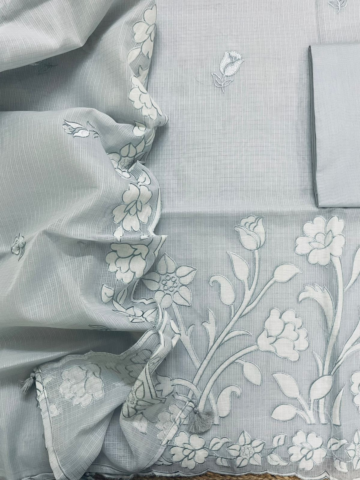 Soft Kota Silk Embroidered Suit - Grey