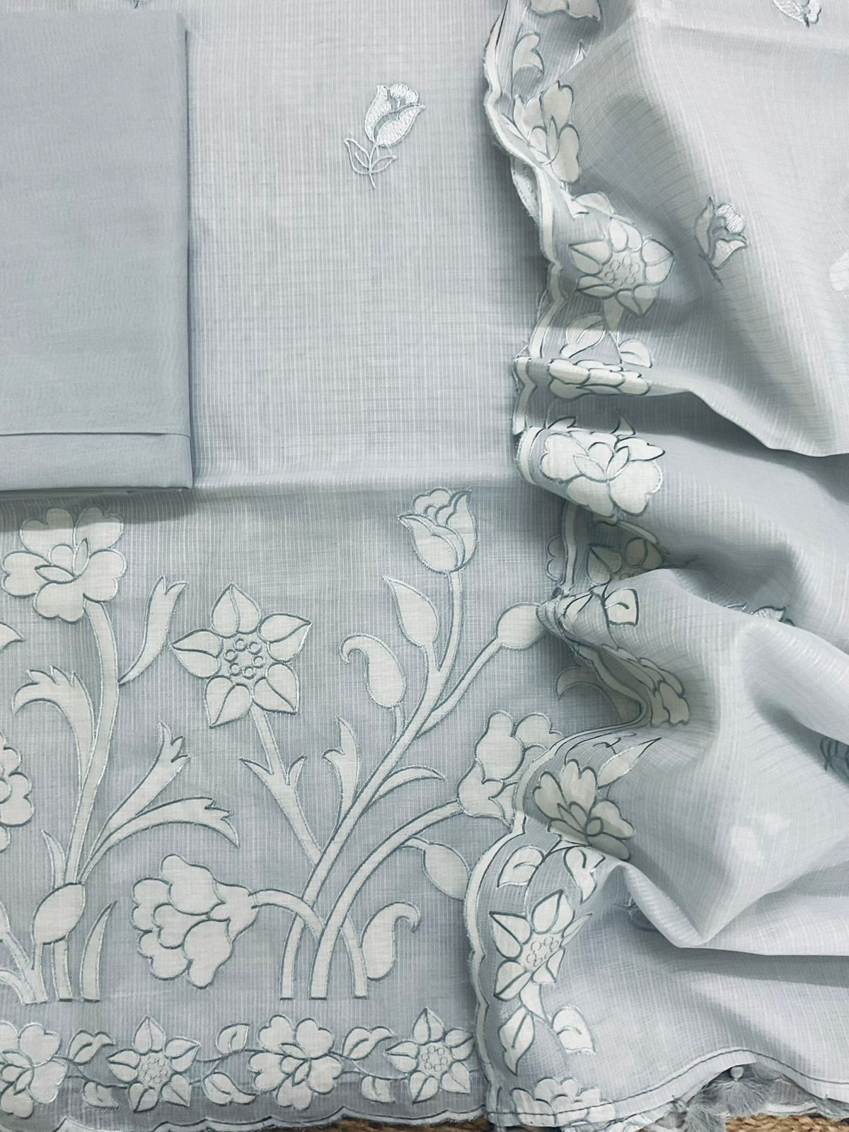 Soft Kota Silk Embroidered Suit - Grey