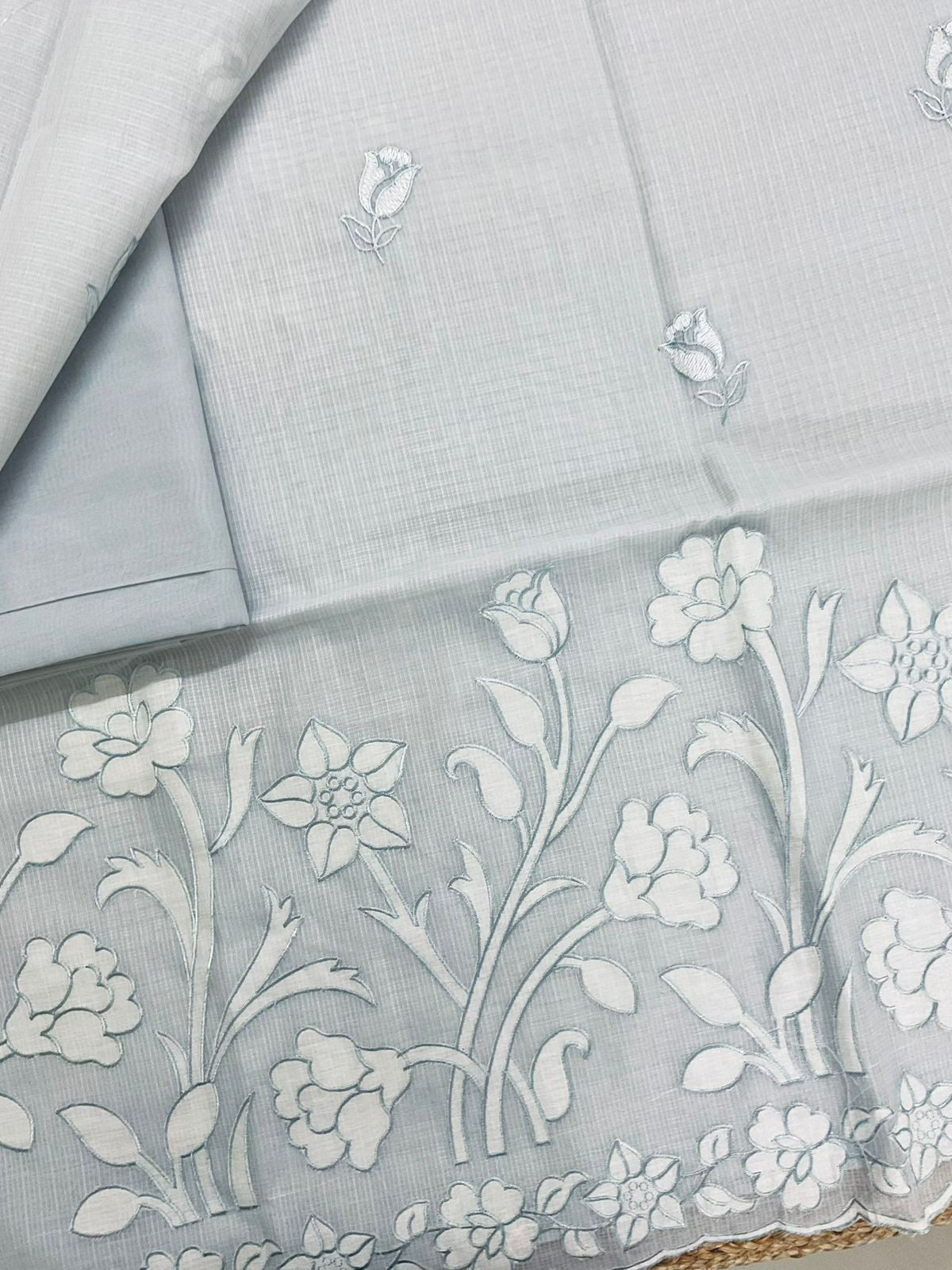 Soft Kota Silk Embroidered Suit - Grey