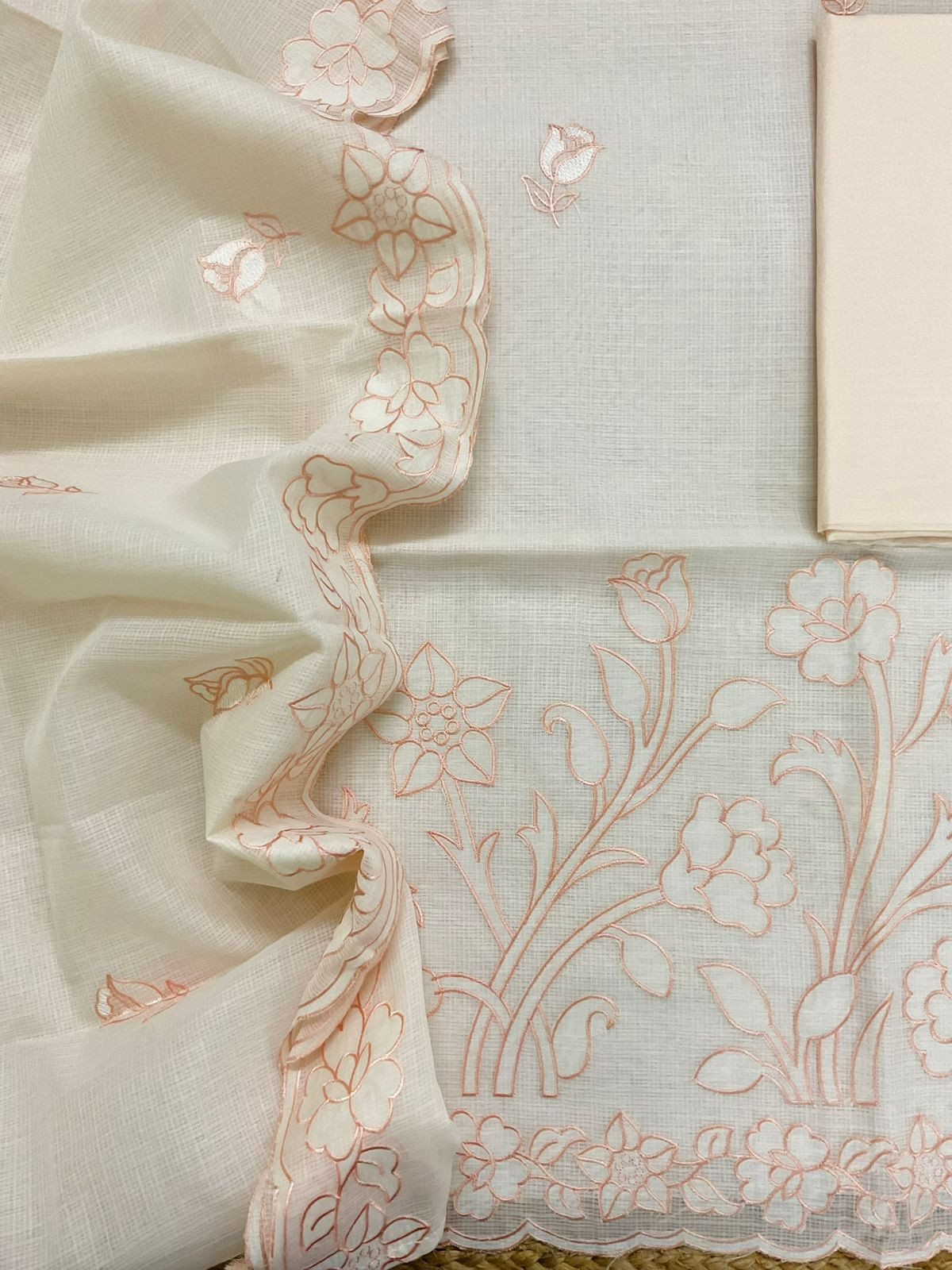 Soft Kota Silk Embroidered Suit - Cream