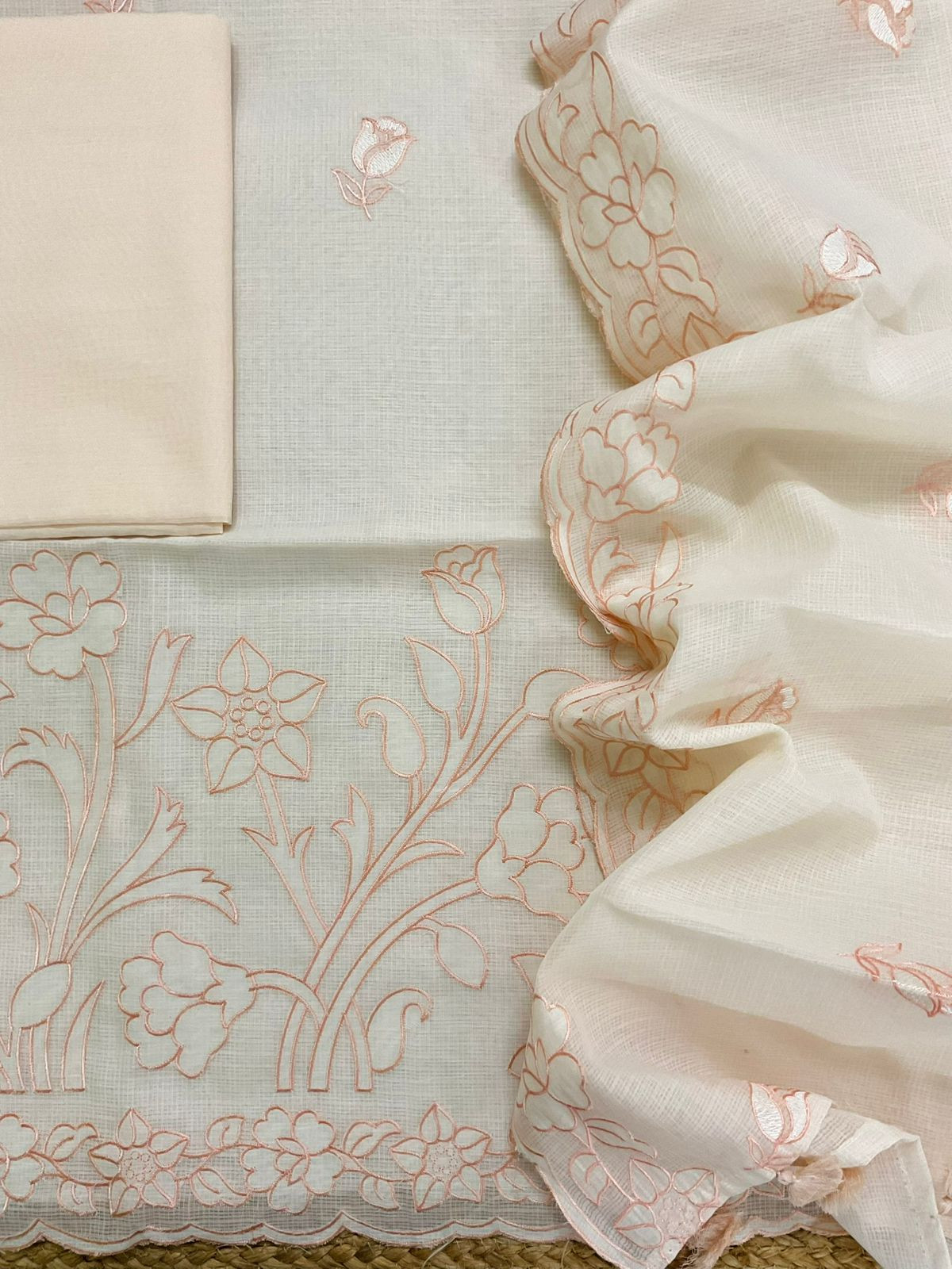 Soft Kota Silk Embroidered Suit - Cream