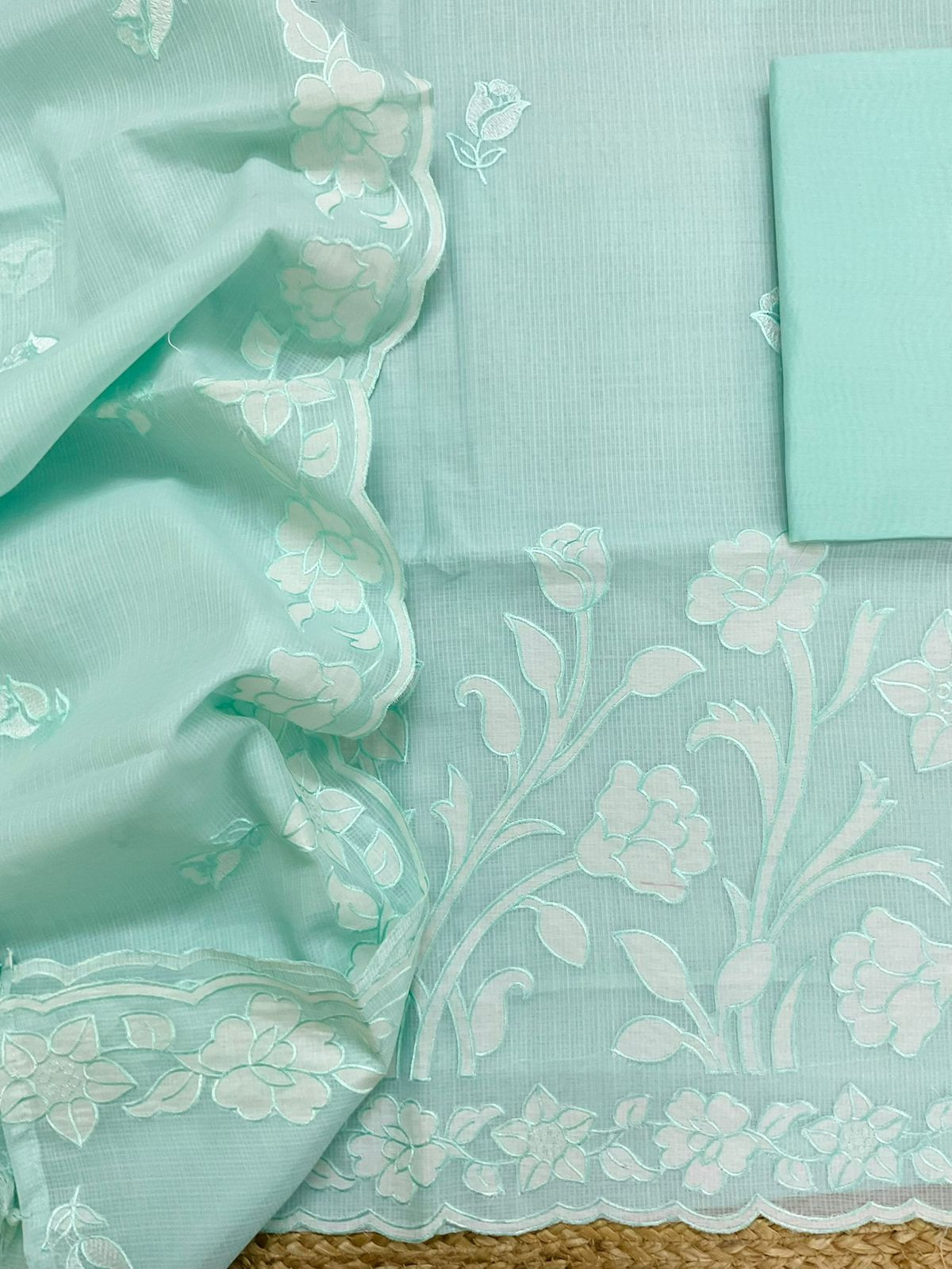 Soft Kota Silk Embroidered Suit - Sea Blue