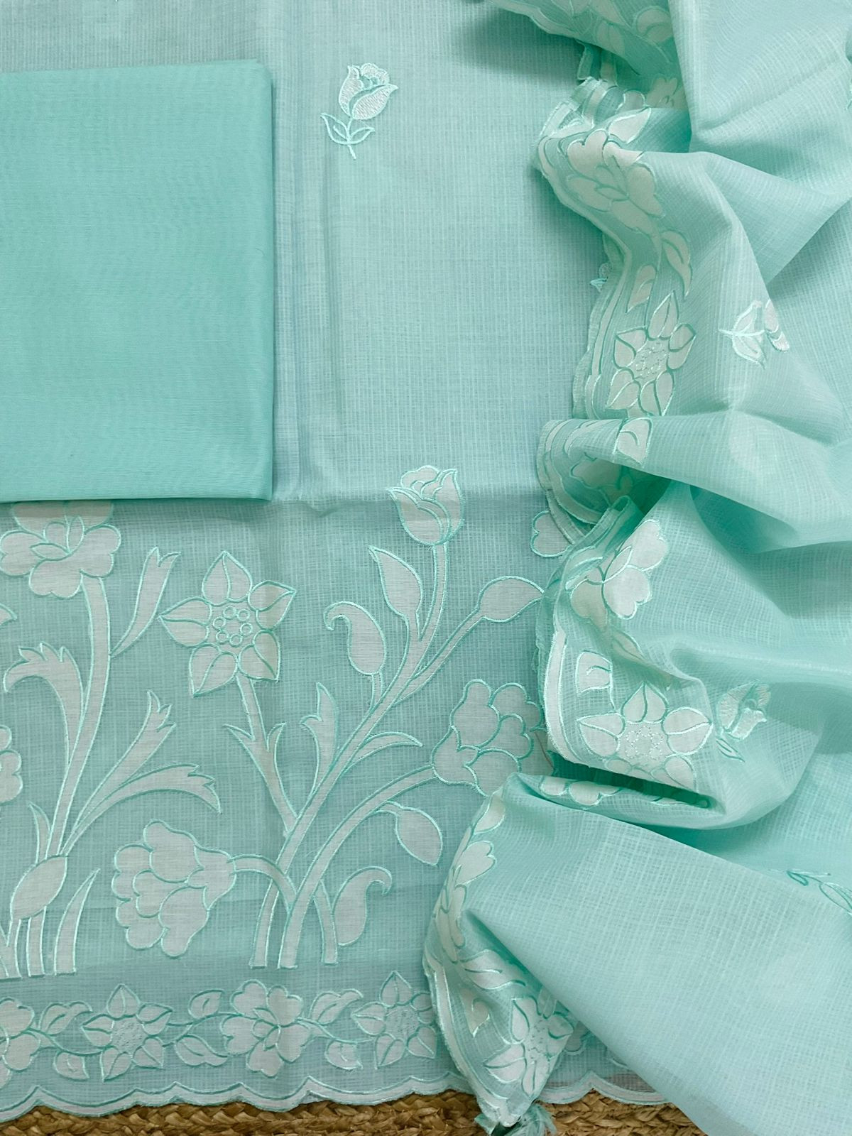 Soft Kota Silk Embroidered Suit - Sea Blue