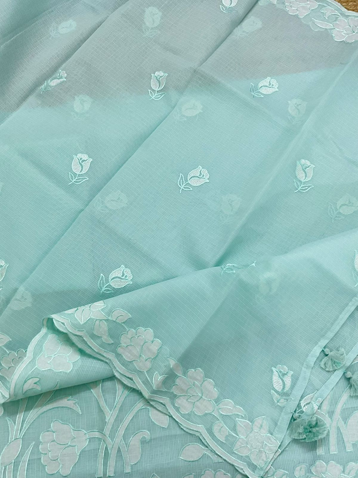 Soft Kota Silk Embroidered Suit - Sea Blue