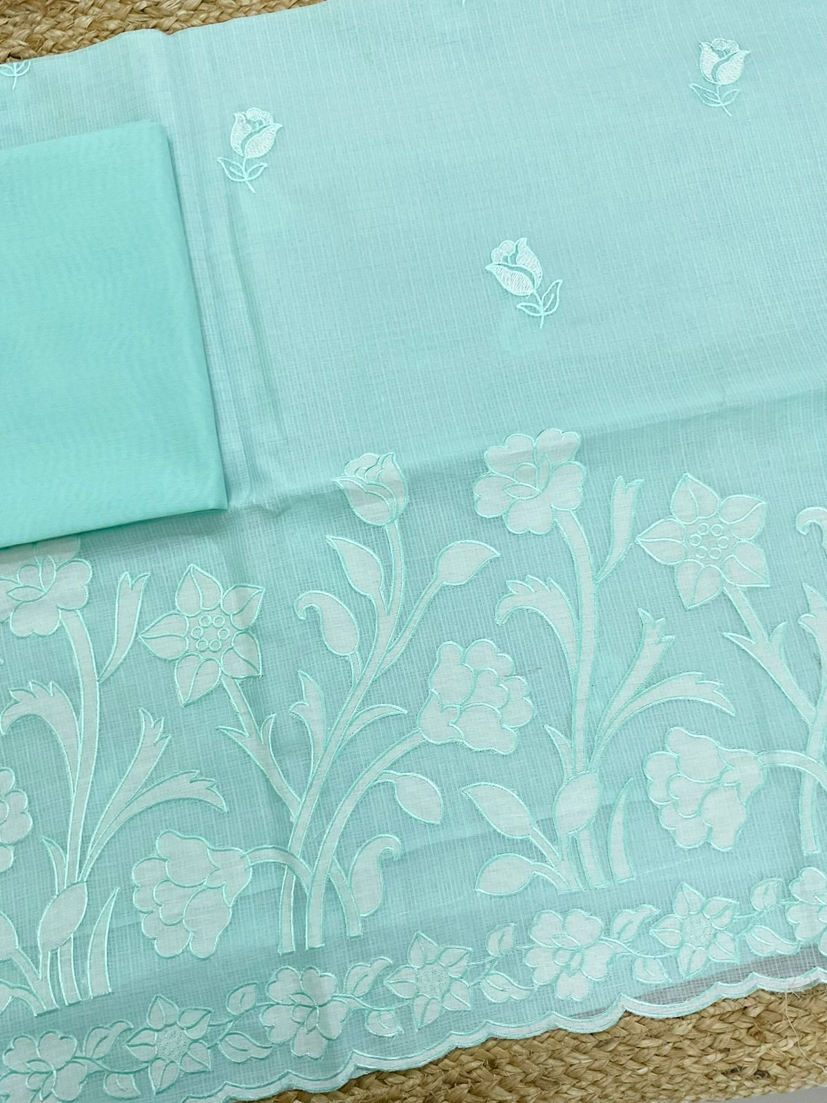 Soft Kota Silk Embroidered Suit - Sea Blue