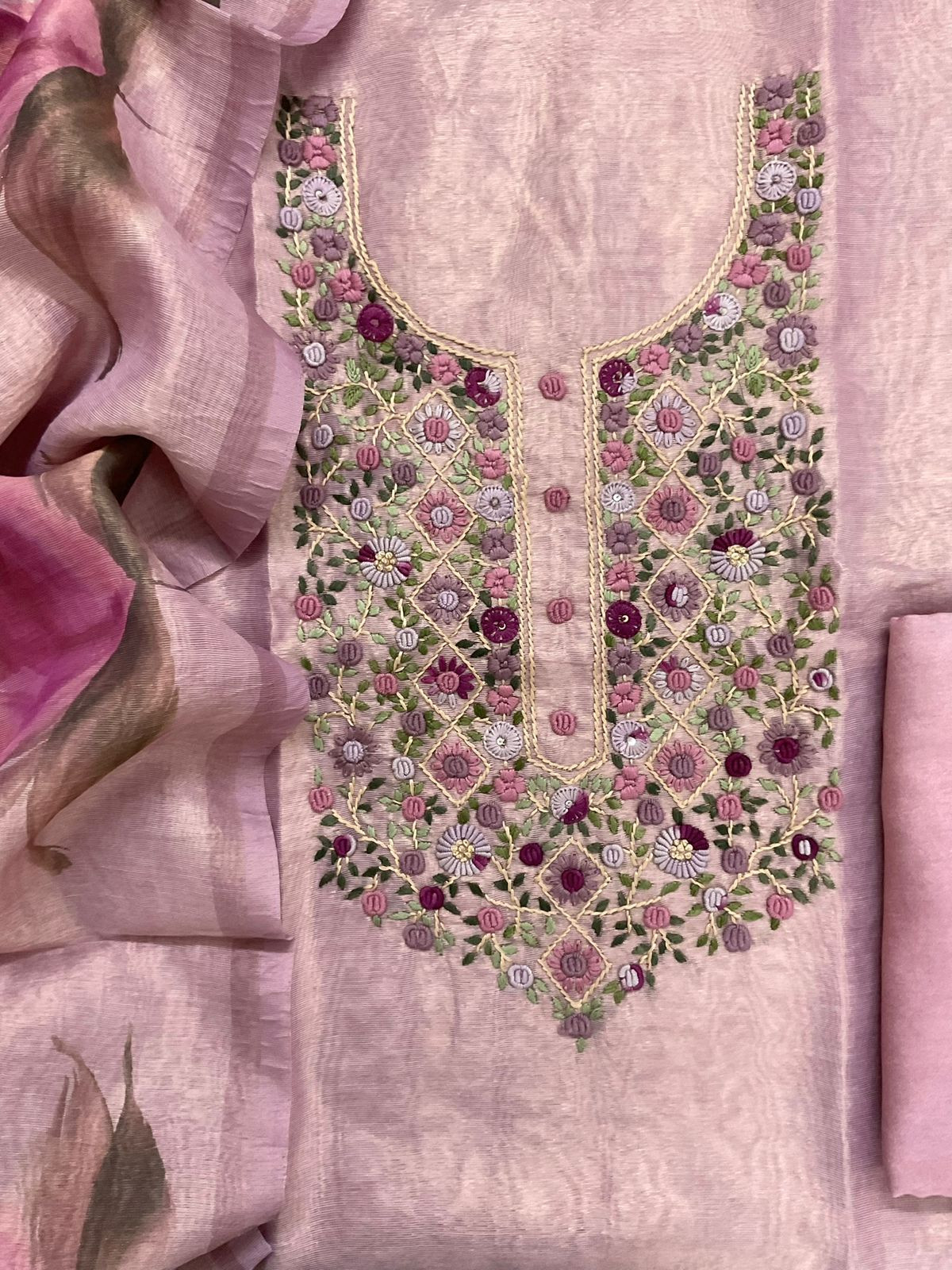 Soft Tissue Shimmer Silk Printed Embroidered Suit - Pink