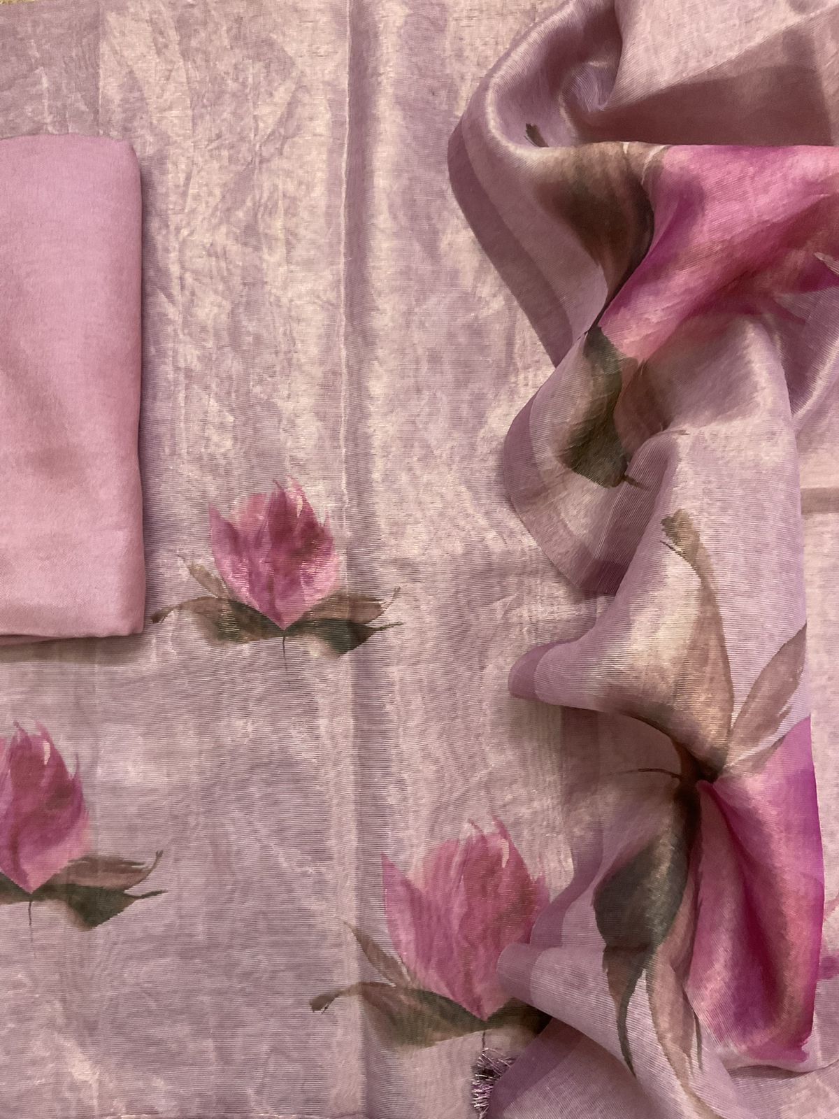 Soft Tissue Shimmer Silk Printed Embroidered Suit - Pink