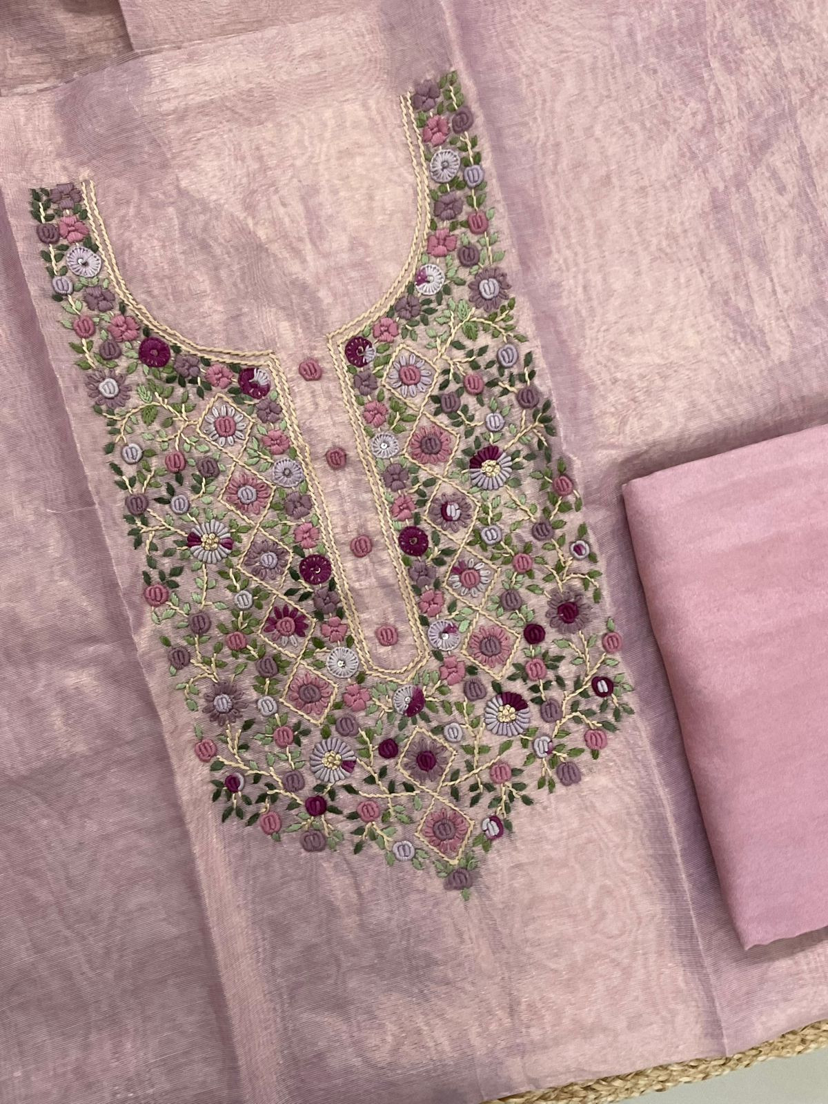 Soft Tissue Shimmer Silk Printed Embroidered Suit - Pink