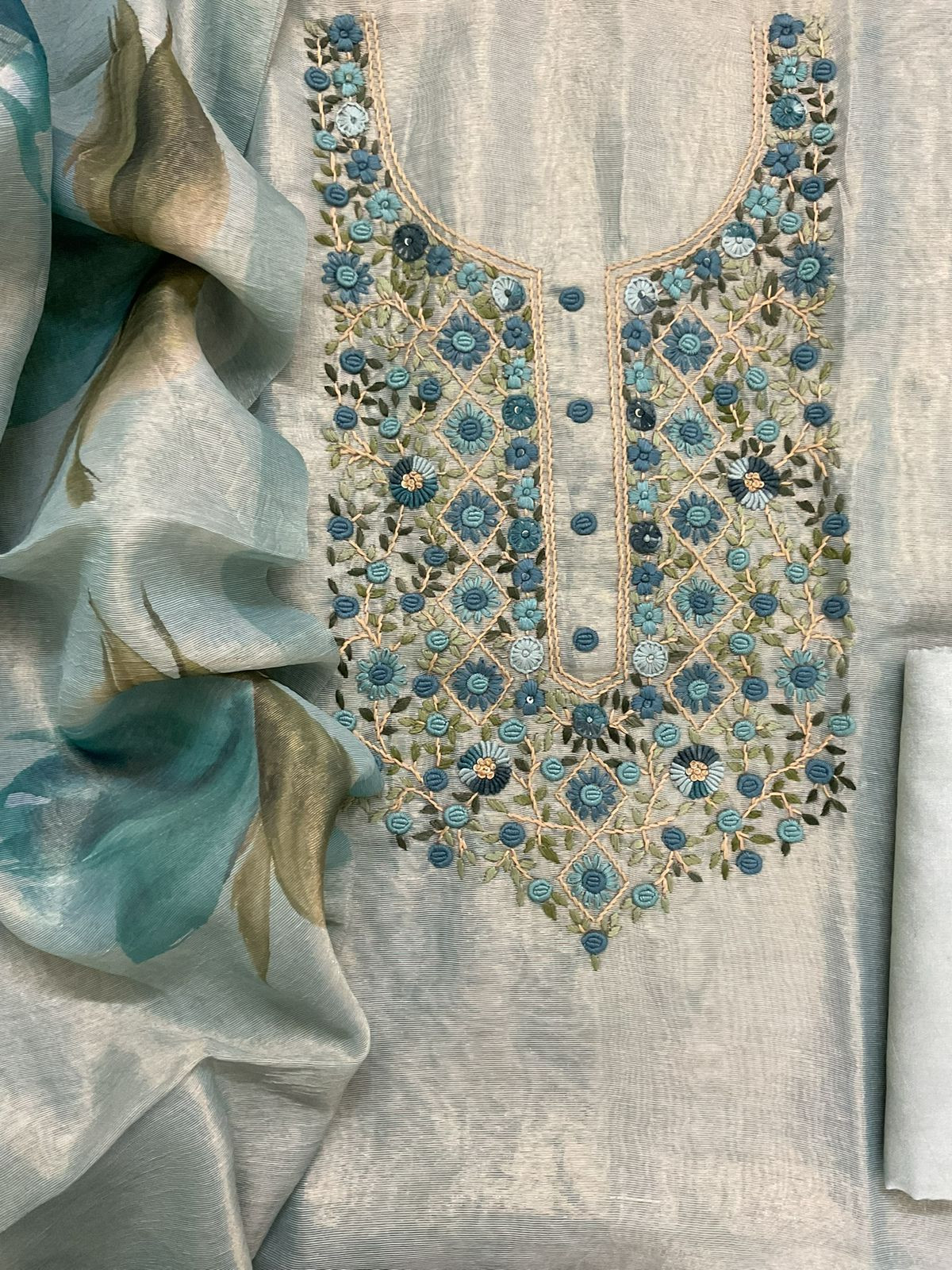 Soft Tissue Shimmer Silk Printed Embroidered Suit - Blue