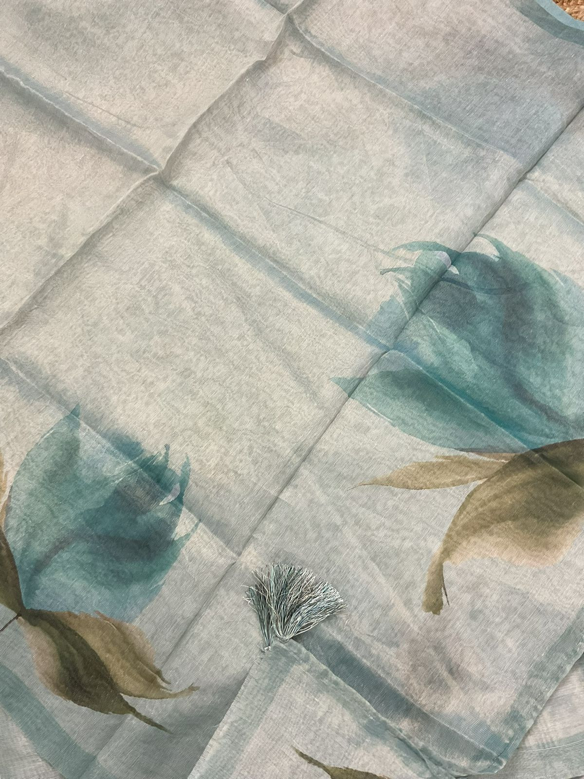 Soft Tissue Shimmer Silk Printed Embroidered Suit - Blue