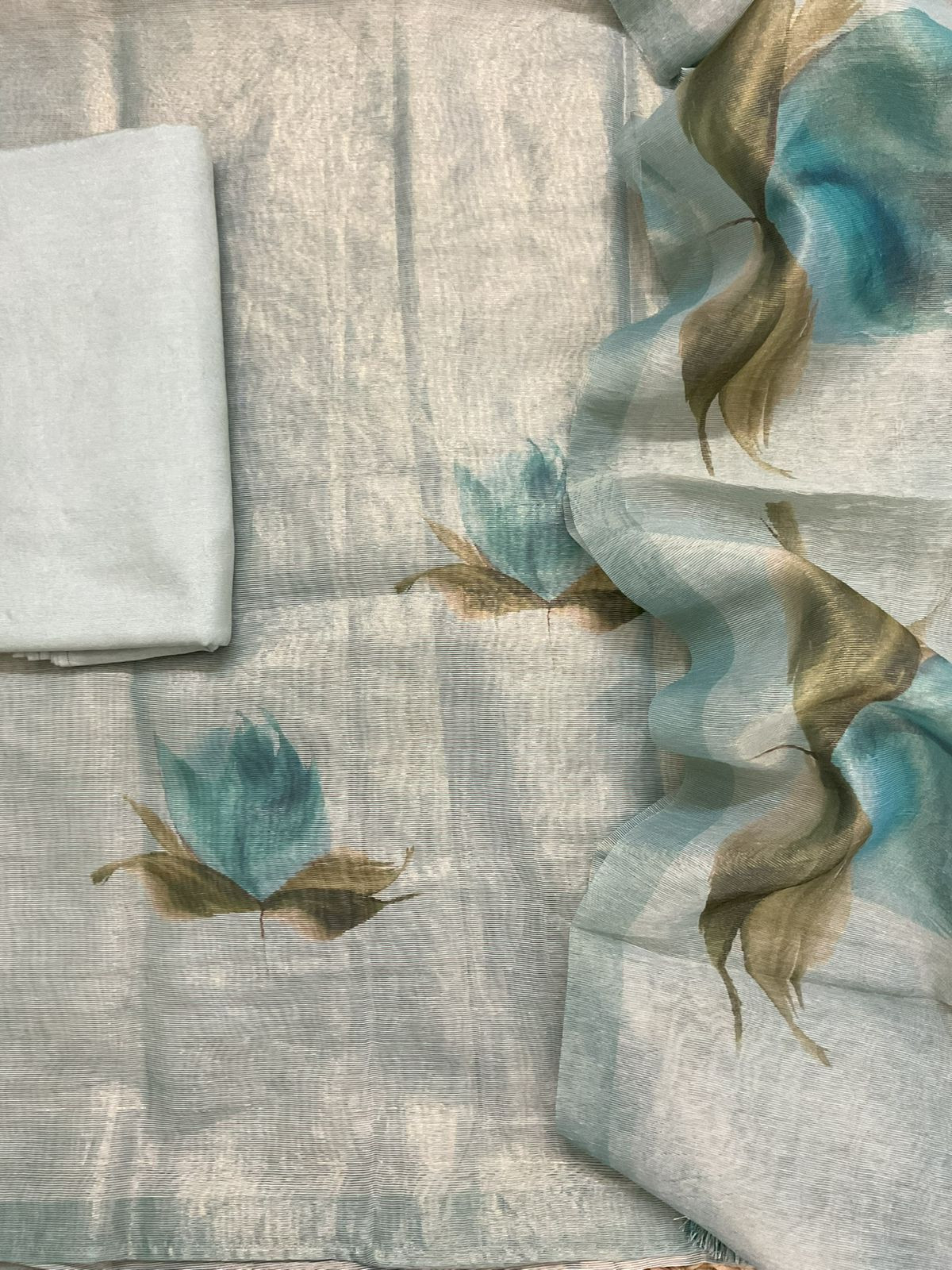 Soft Tissue Shimmer Silk Printed Embroidered Suit - Blue