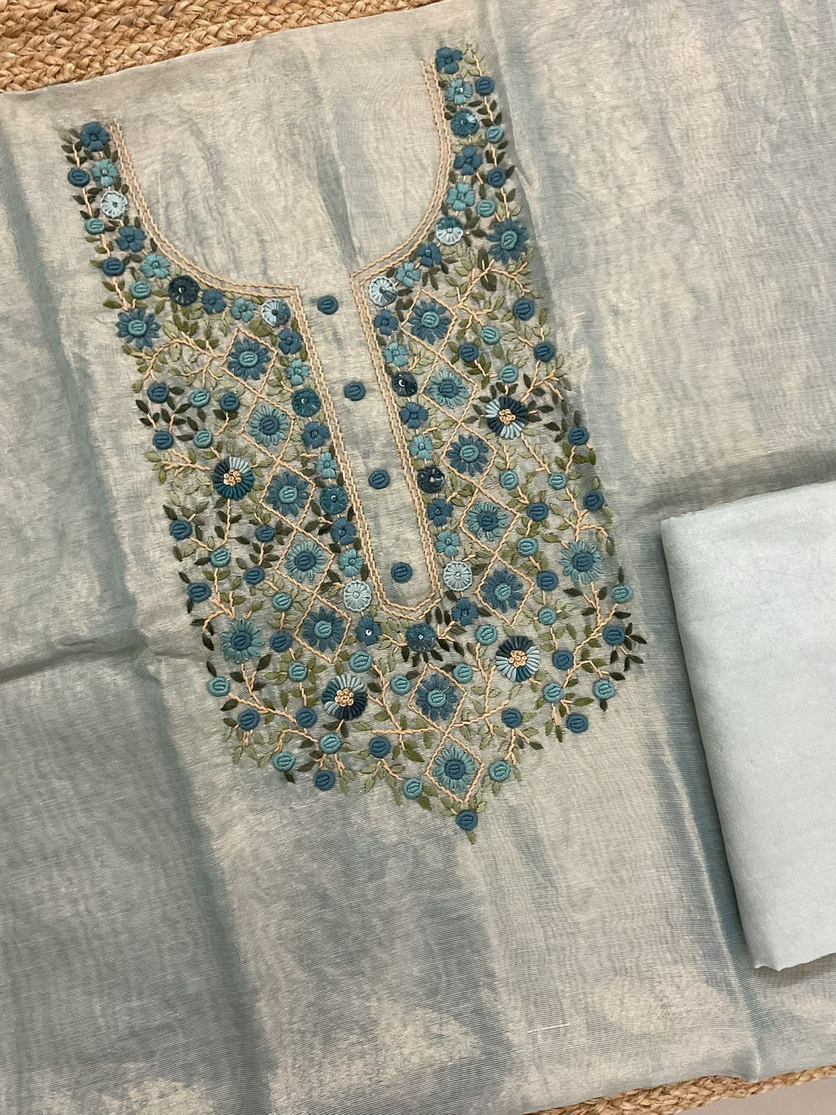 Soft Tissue Shimmer Silk Printed Embroidered Suit - Blue