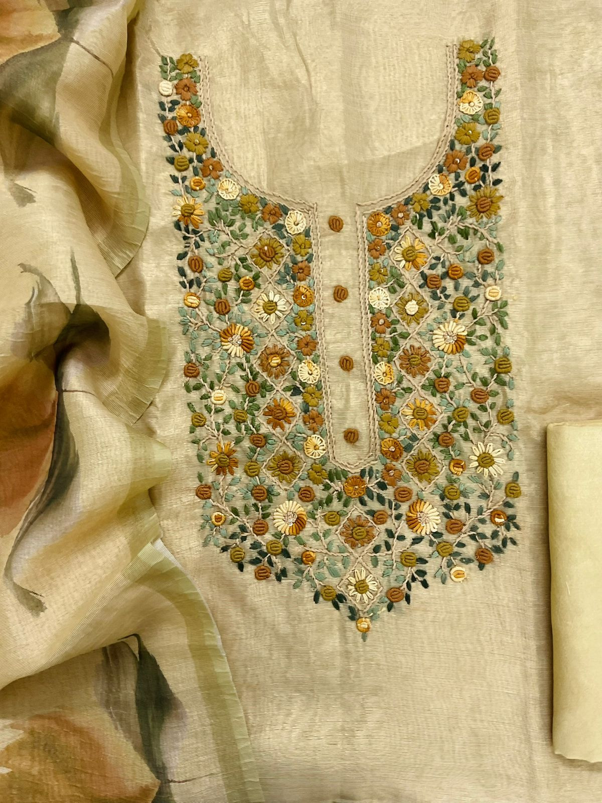 Soft Tissue Shimmer Silk Printed Embroidered Suit - Yellow