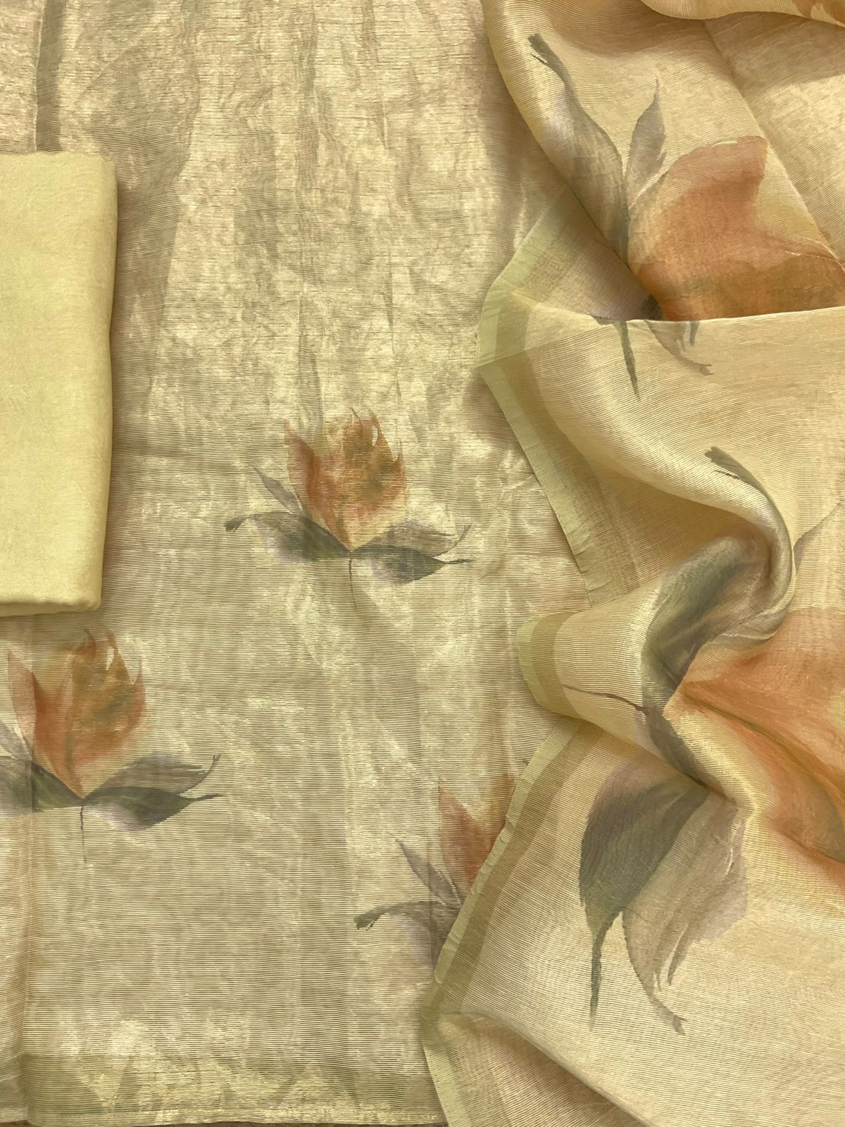 Soft Tissue Shimmer Silk Printed Embroidered Suit - Yellow