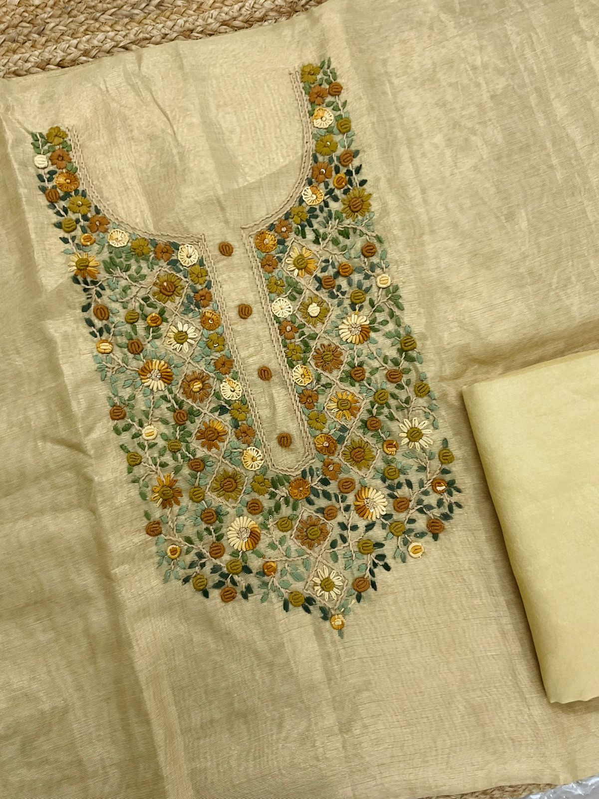 Soft Tissue Shimmer Silk Printed Embroidered Suit - Yellow