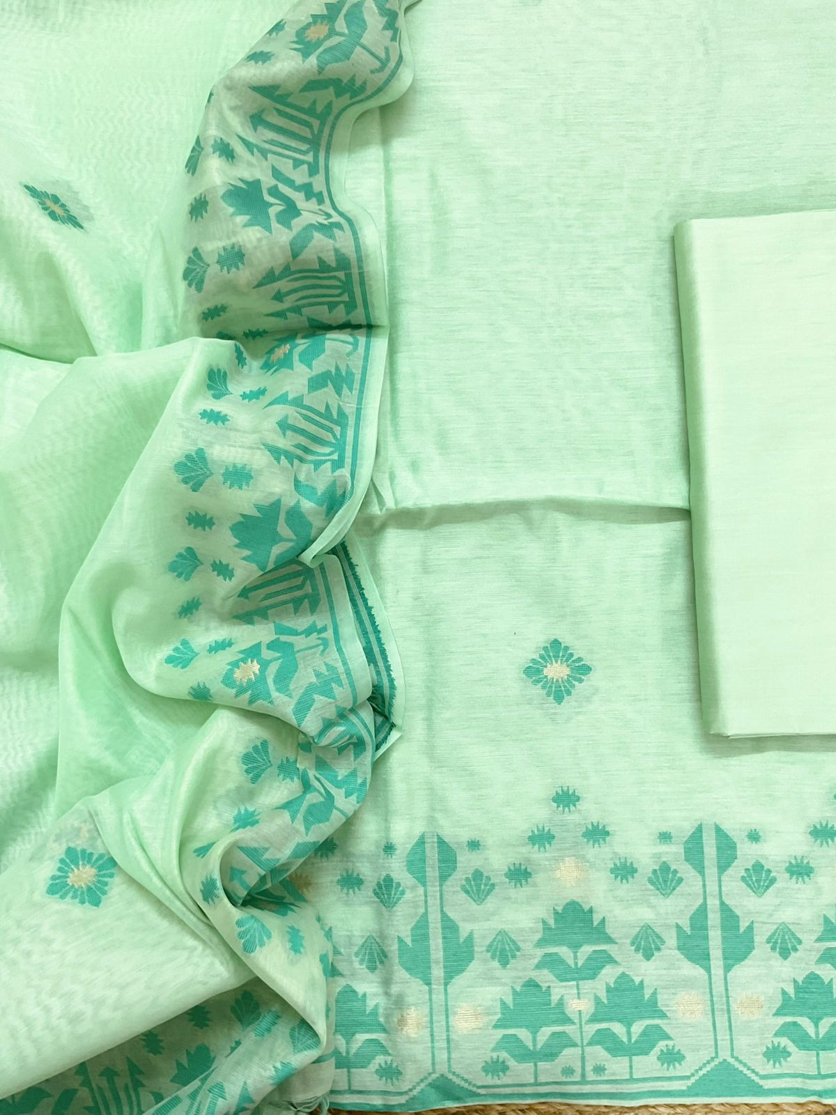 Soft Slub Chanderi Jamdani Weaved Suit - Green
