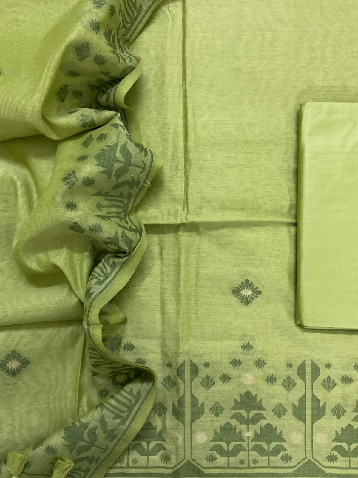 Soft Slub Chanderi Jamdani Weaved Suit - Green