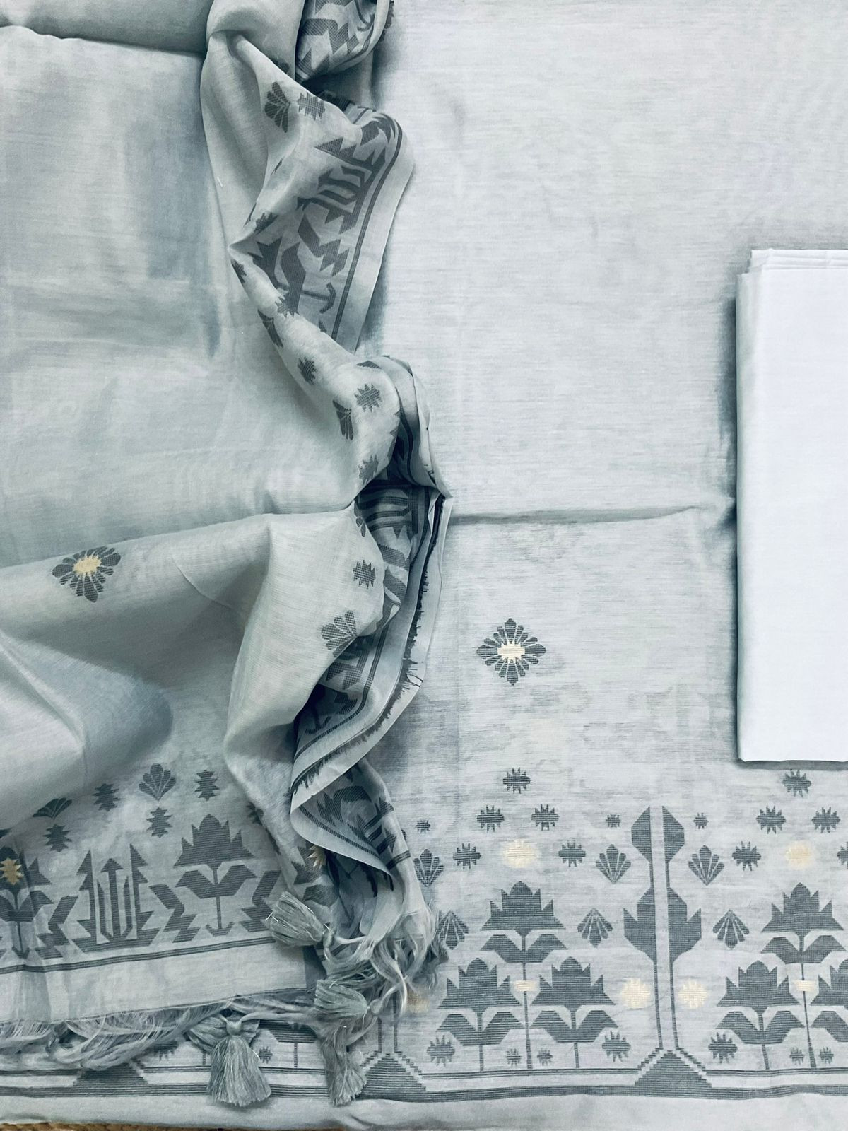 Soft Slub Chanderi Jamdani Weaved Suit - Grey