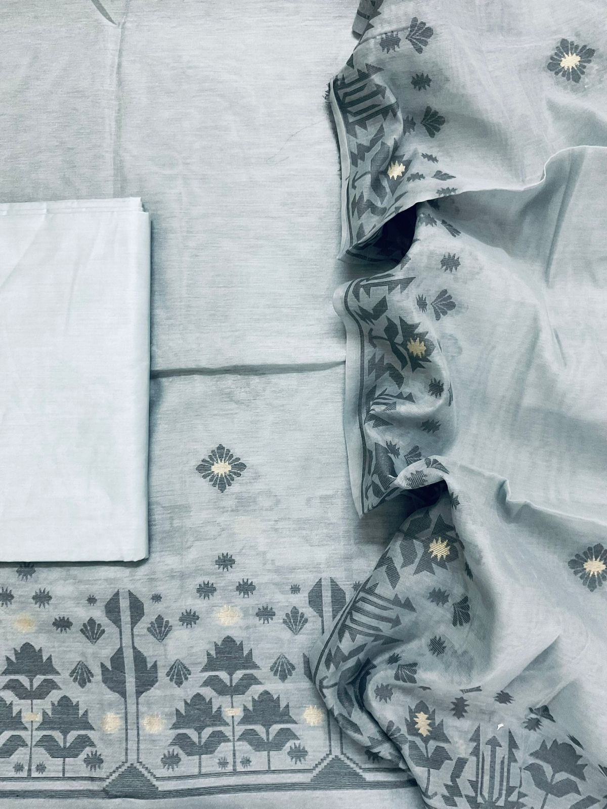 Soft Slub Chanderi Jamdani Weaved Suit - Grey