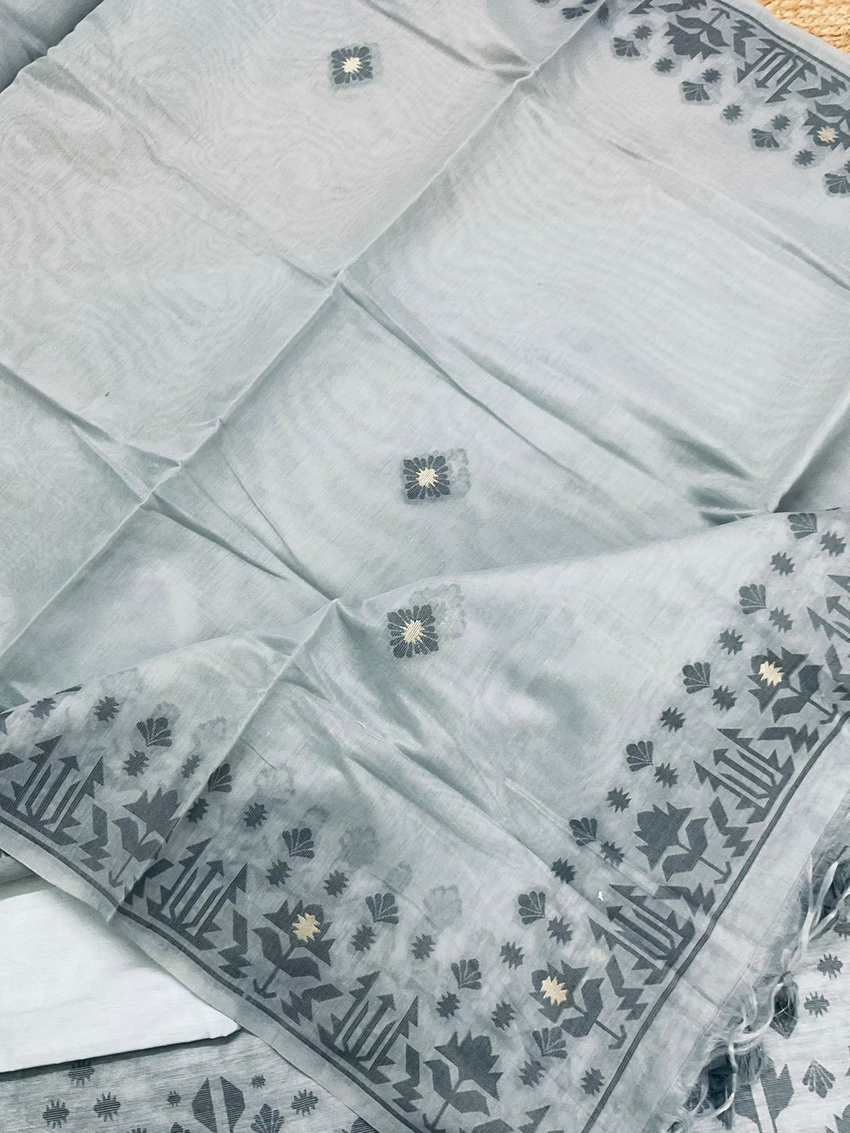 Soft Slub Chanderi Jamdani Weaved Suit - Grey