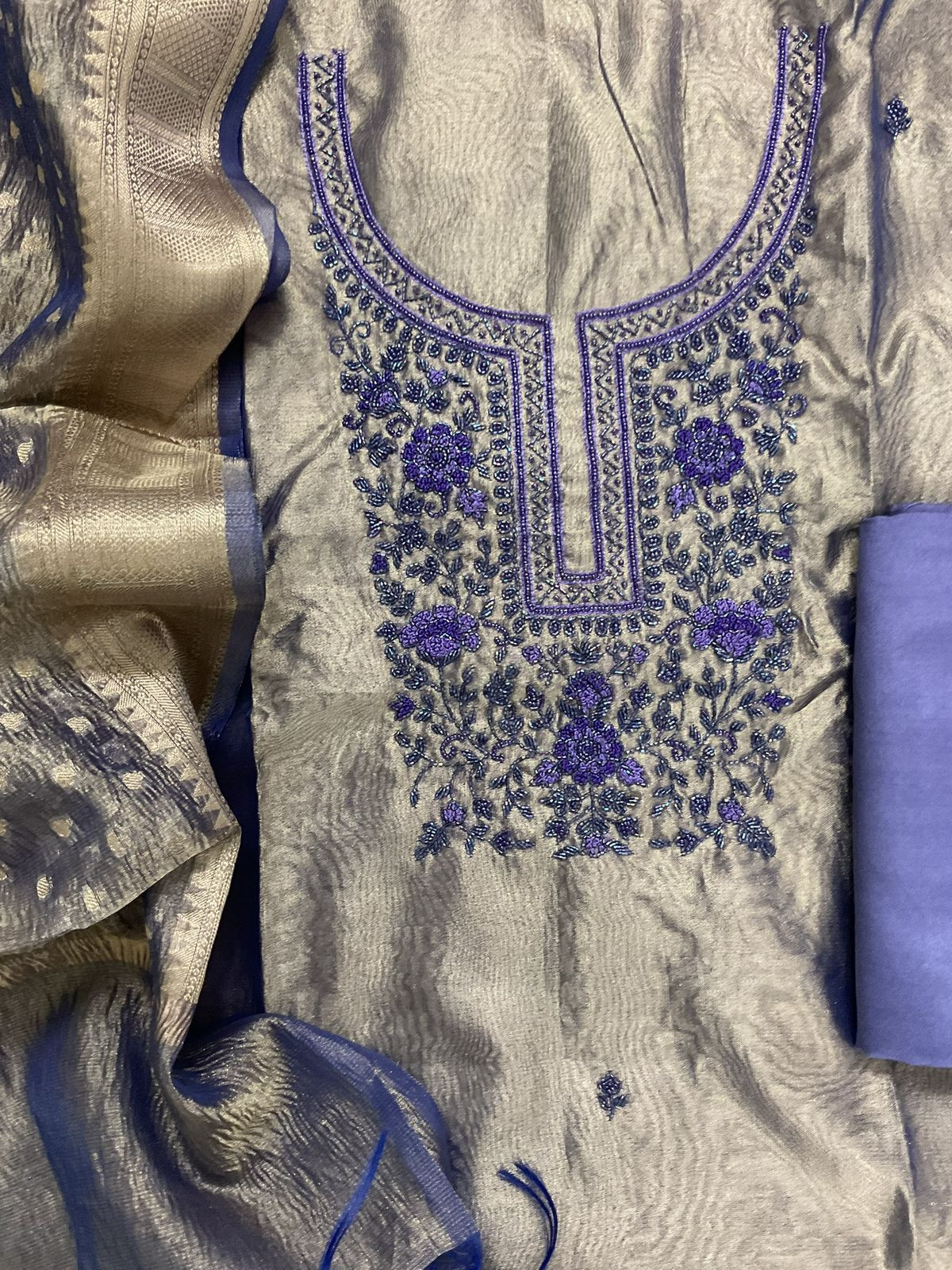 Soft Tissue Shimmer Silk Banarasi Weaved Embroidered Suit - Purple