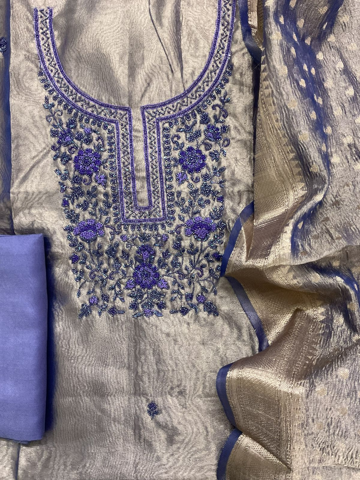 Soft Tissue Shimmer Silk Banarasi Weaved Embroidered Suit - Purple