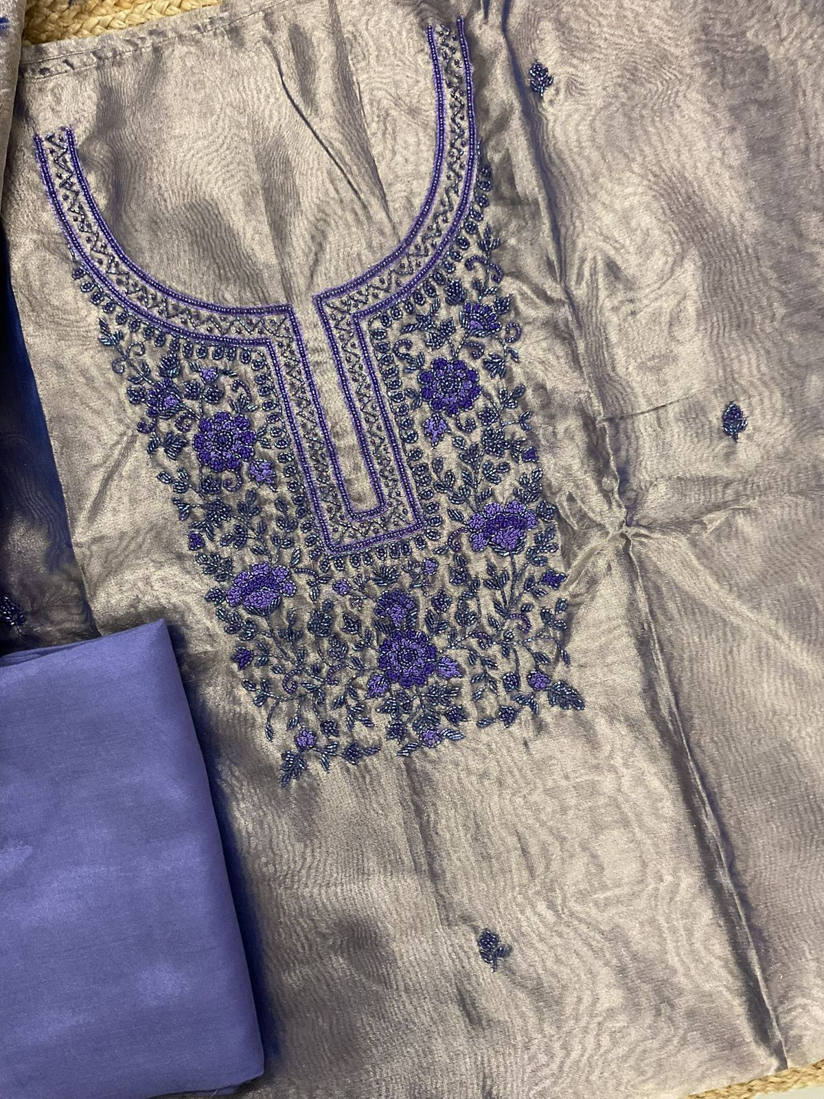 Soft Tissue Shimmer Silk Banarasi Weaved Embroidered Suit - Purple