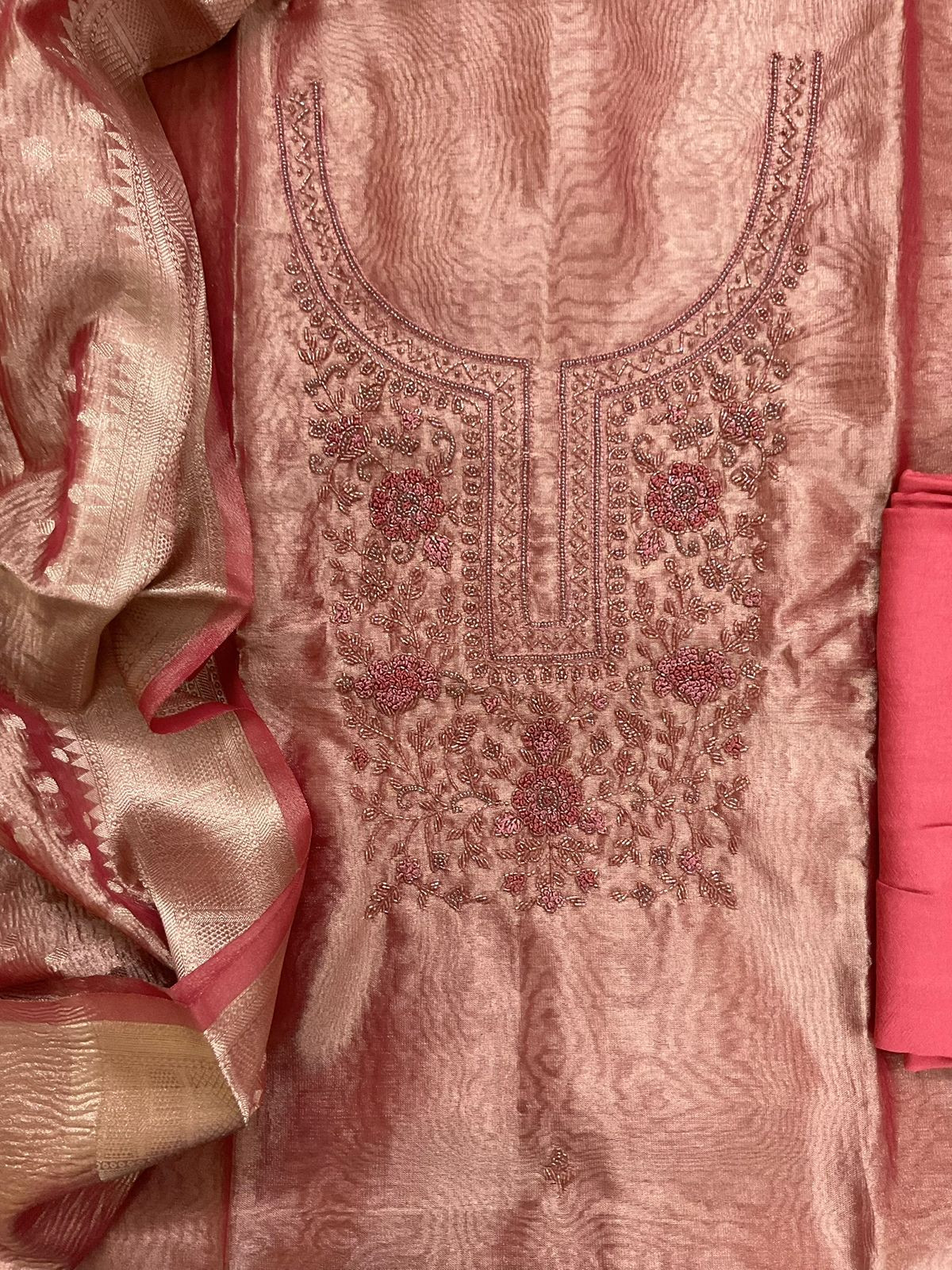 Soft Tissue Shimmer Silk Banarasi Weaved Embroidered Suit - Peach
