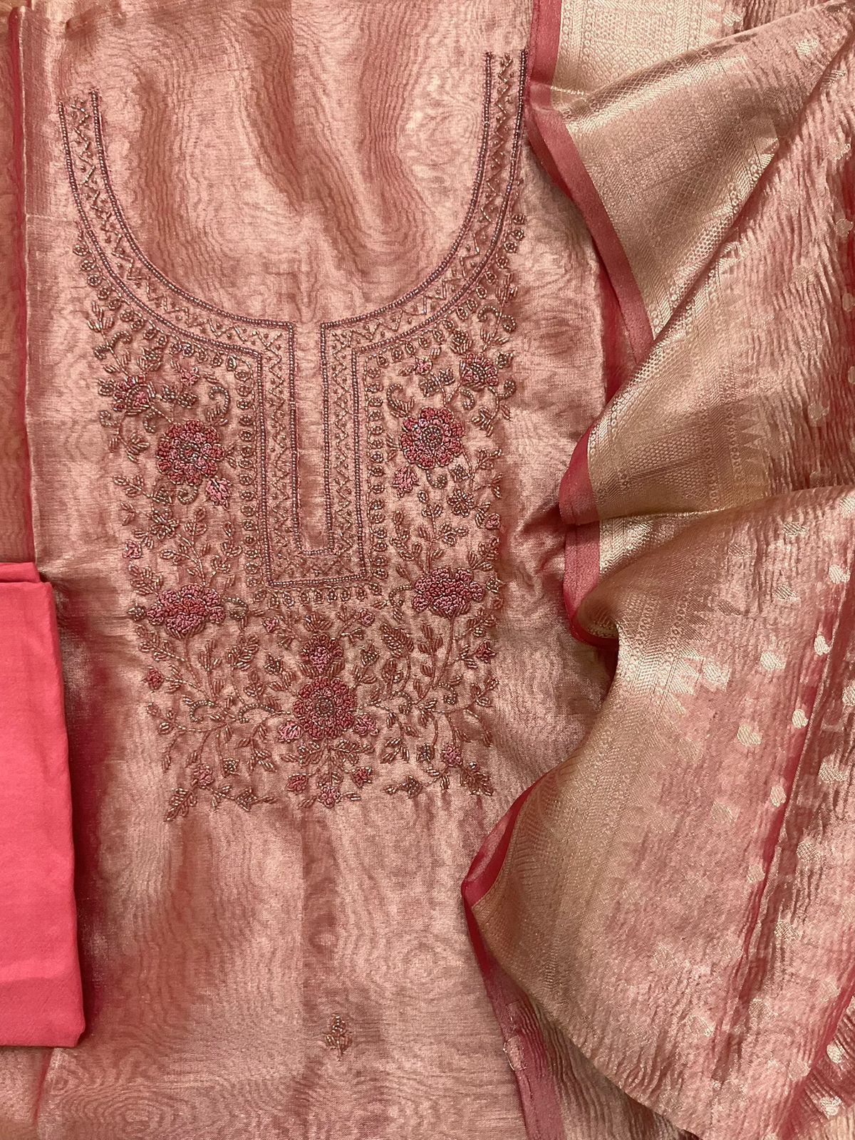 Soft Tissue Shimmer Silk Banarasi Weaved Embroidered Suit - Peach