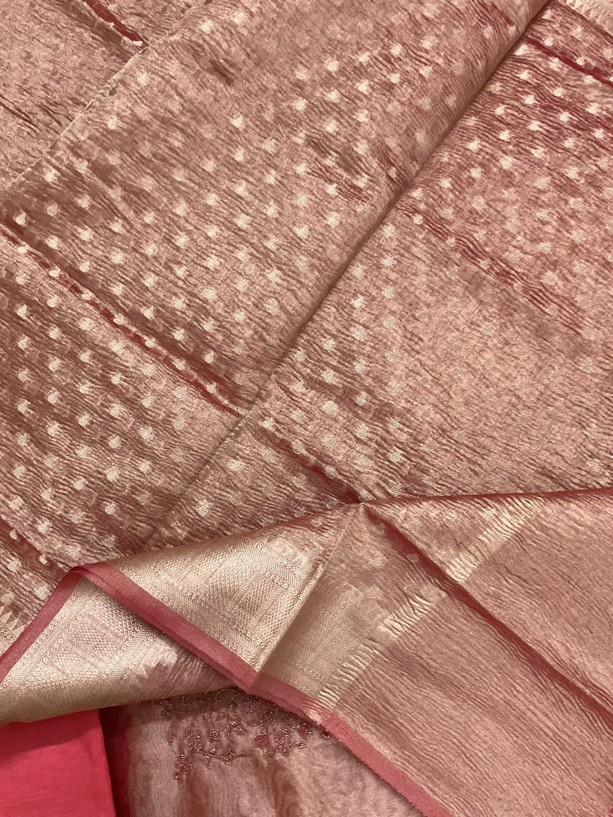 Soft Tissue Shimmer Silk Banarasi Weaved Embroidered Suit - Peach